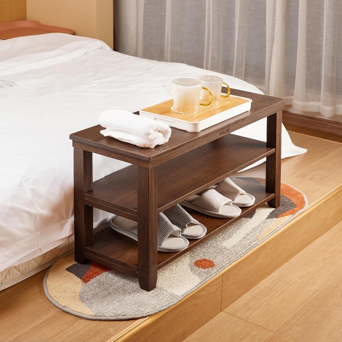 Shoe Rack Bench, 2-Tier Wood Heavy Duty Shoe Organizer Shelf for Entryway, Living Room,Bedroom (Brown, 11.81"X31.5"X16.54")