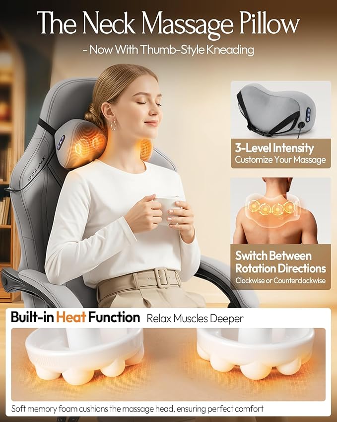 Dowinx Gaming Video Gaming Chair with Shiatsu Neck Massage and Lumbar Support for Home Office High Back Recliner Height Adjustable Ergonomic Comfy Leather Computer Desk Chair (Grey)