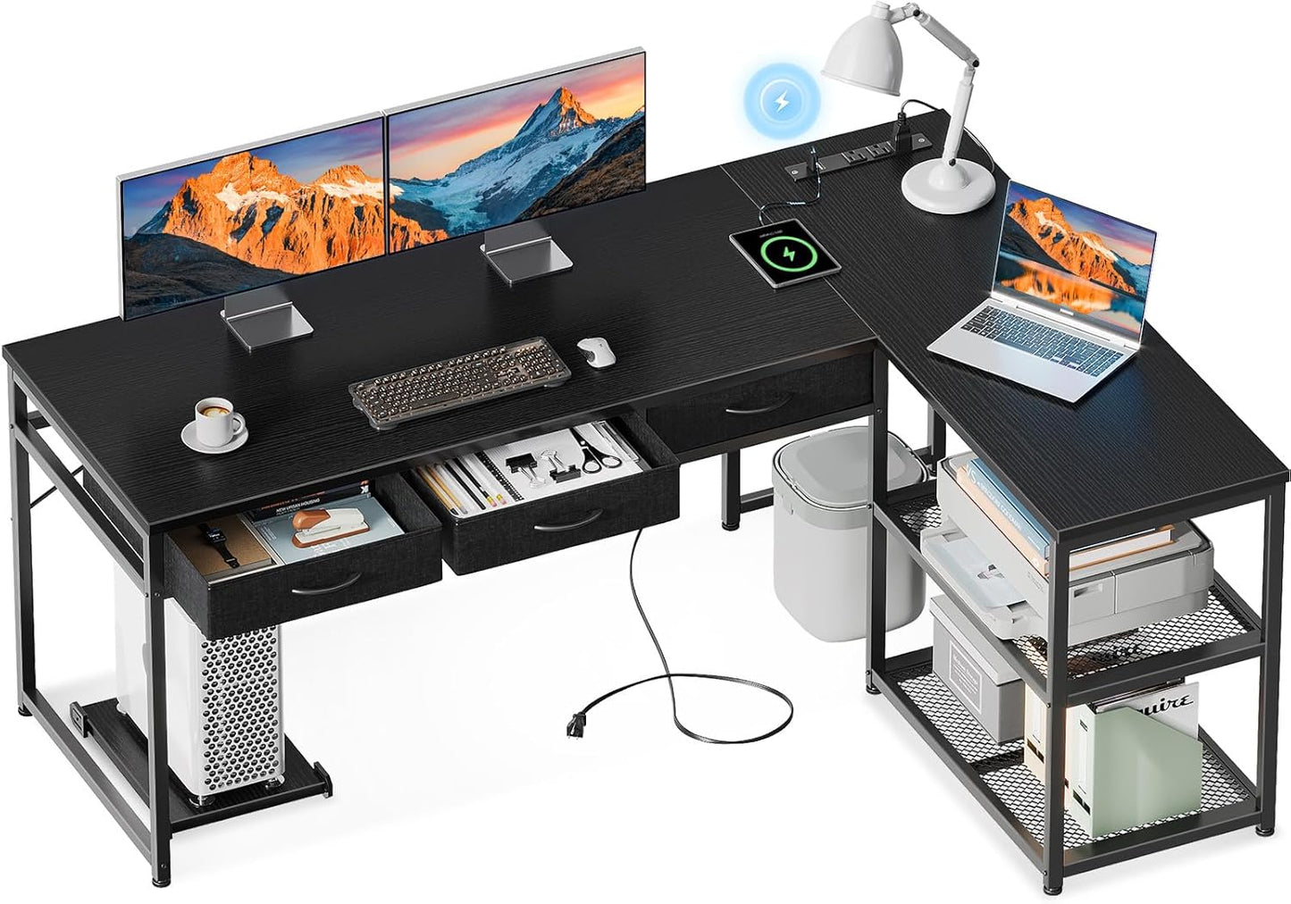 AODK 61 Inch L Shaped Computer Desk with Drawers, Corner Desk with Power Outlets & Reversible Storage Shelves, Movable CPU Stand for Home Office Gaming, Black