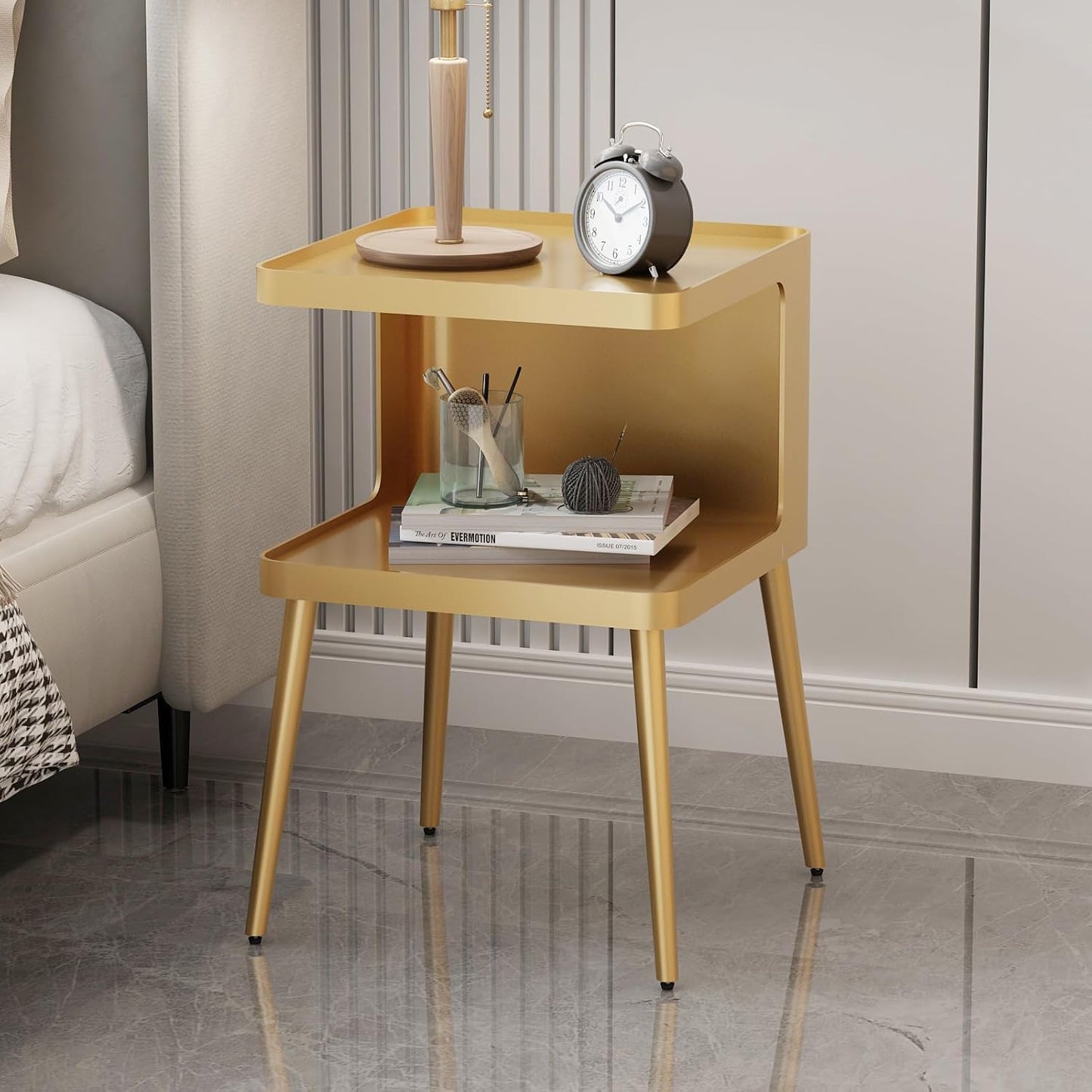 Gold Nightstand with Storage, 2 Tier Small End Tables Bedroom, Modern Side Tables Living Room with 4 Legs, Square Accent Table for Small Spaces Indoor Outdoor, Easy Assembly