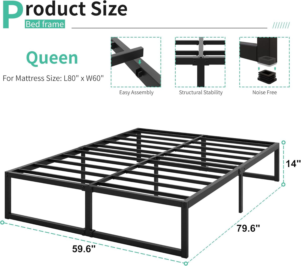 14 Inch Queen Bed Frame Heavy Duty Steel Slat Support Metal Platform Bed Frame Queen Size No Box Spring Needed, Easy Assembly, Black