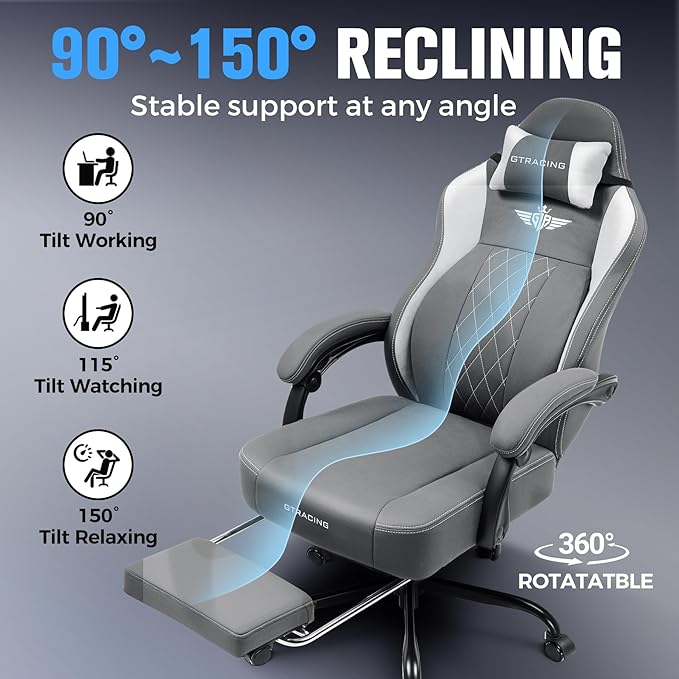 GTPLAYER Big and Tall Gaming Chair Breathable Fabric Computer Chair with Strong Lumbar Support, Comfortable Office Chairs with Pocket Spring Cushion, High Back Ergonomic Desk Chairs with Footrest