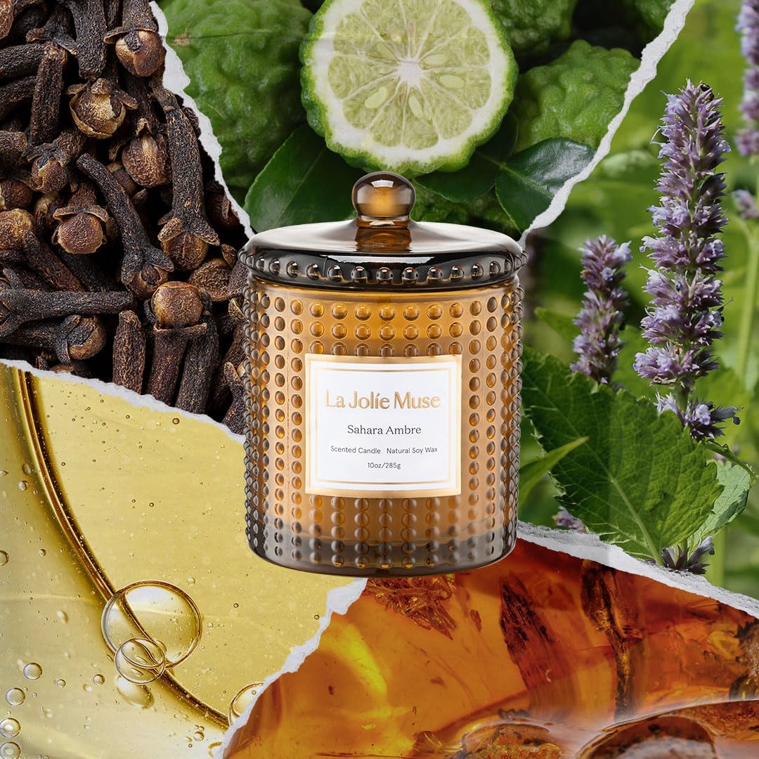 LA JOLIE MUSE Fall Candle | Sahara Amber Candles – Bergamot, Clove & Amber | 10 oz Soy Candle | Natural Soy Wax | 55 Hours Clean Burn | Gift-Ready for Cozy Nights | Elevated Fall Décor