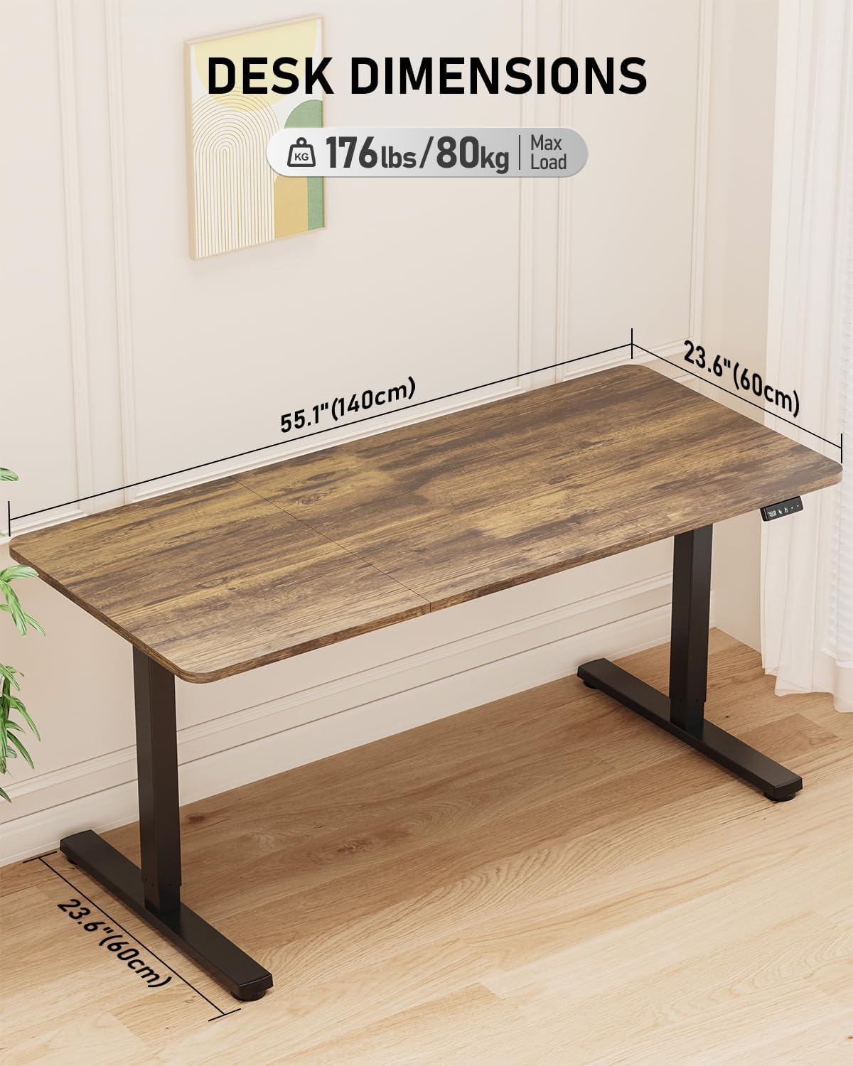 Standing Desk, Large Height Adjustable Electric Stand up Desk, 55 x 24 Inches Sit Stand Home Office Desk, with Splice Board, Black Frame/Rustic Brown Top