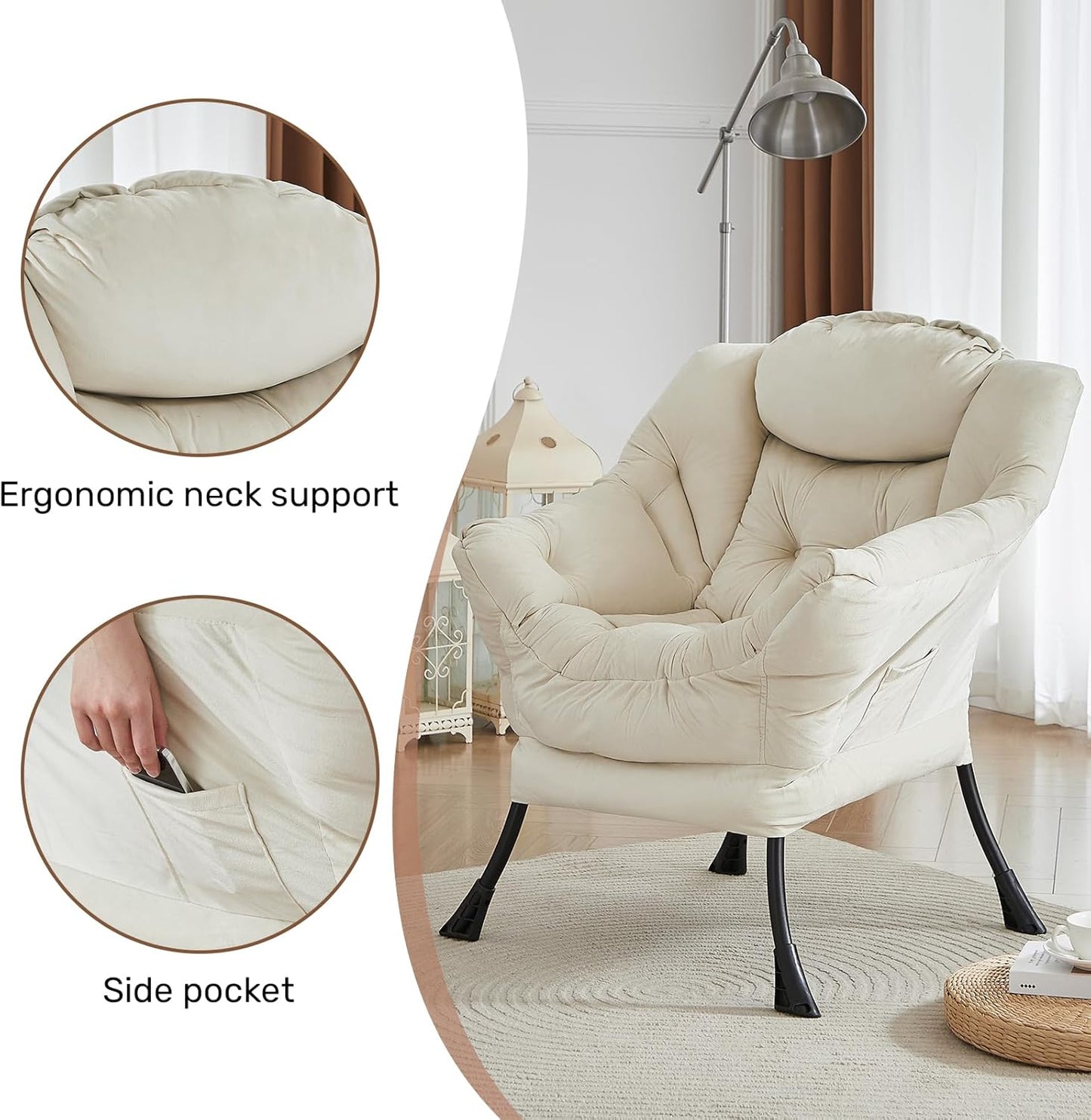 HollyHOME Modern Fabric Large Lazy Chair, Accent Oversized Comfy Reading Chair, Thick Padded Cozy Lounge Chair with Armrest, Steel Frame Leisure Sofa Chair for Living Room, Bedroom, Dorm, Beige