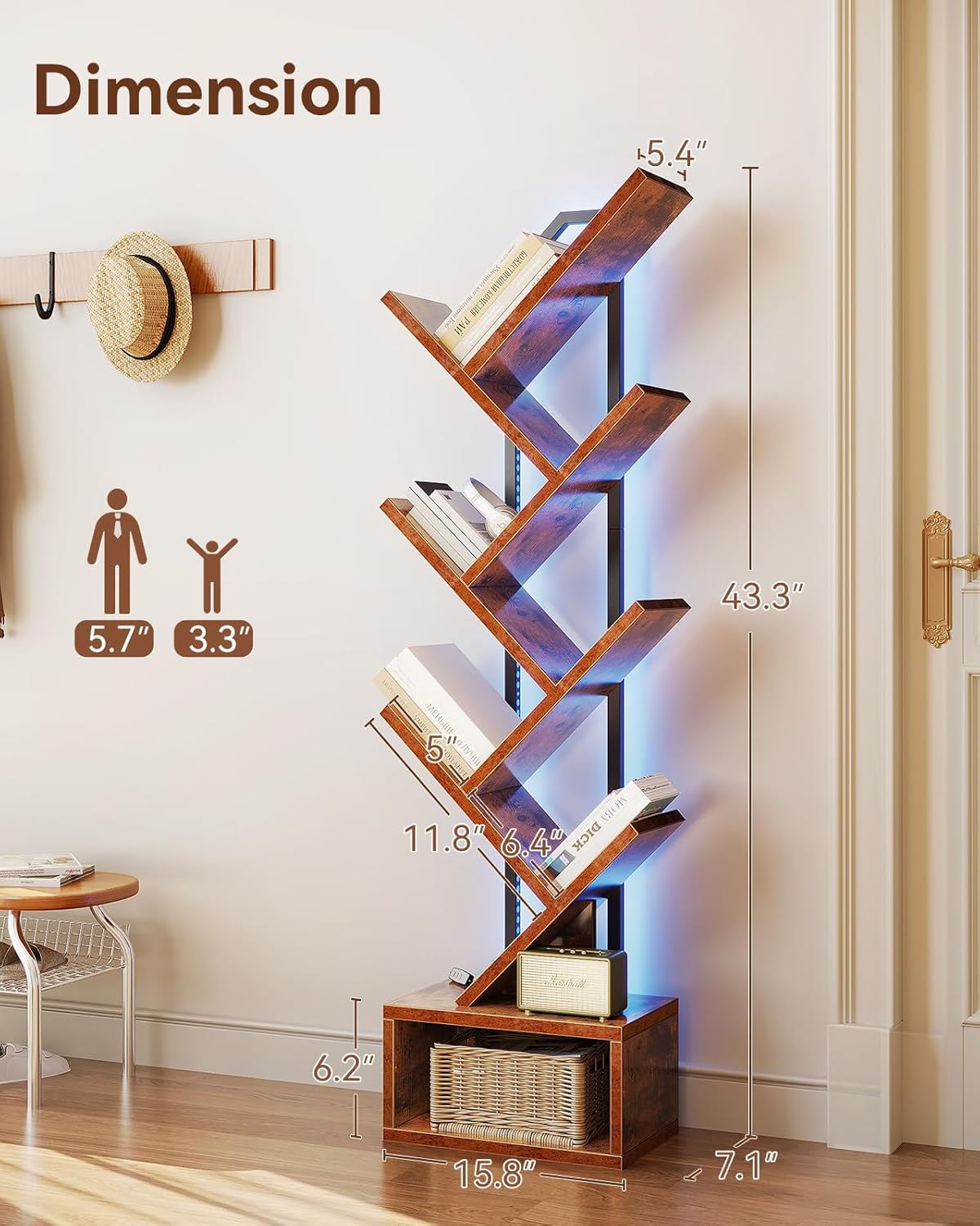 Casaottima 6-Tier Tree Bookshelf — Narrow Floor Standing Bookcase, Tall Steel & Wood Book Organizer Shelf with Cabinet, Home Decor for Living Room/Bedroom/Home Office, Vintage