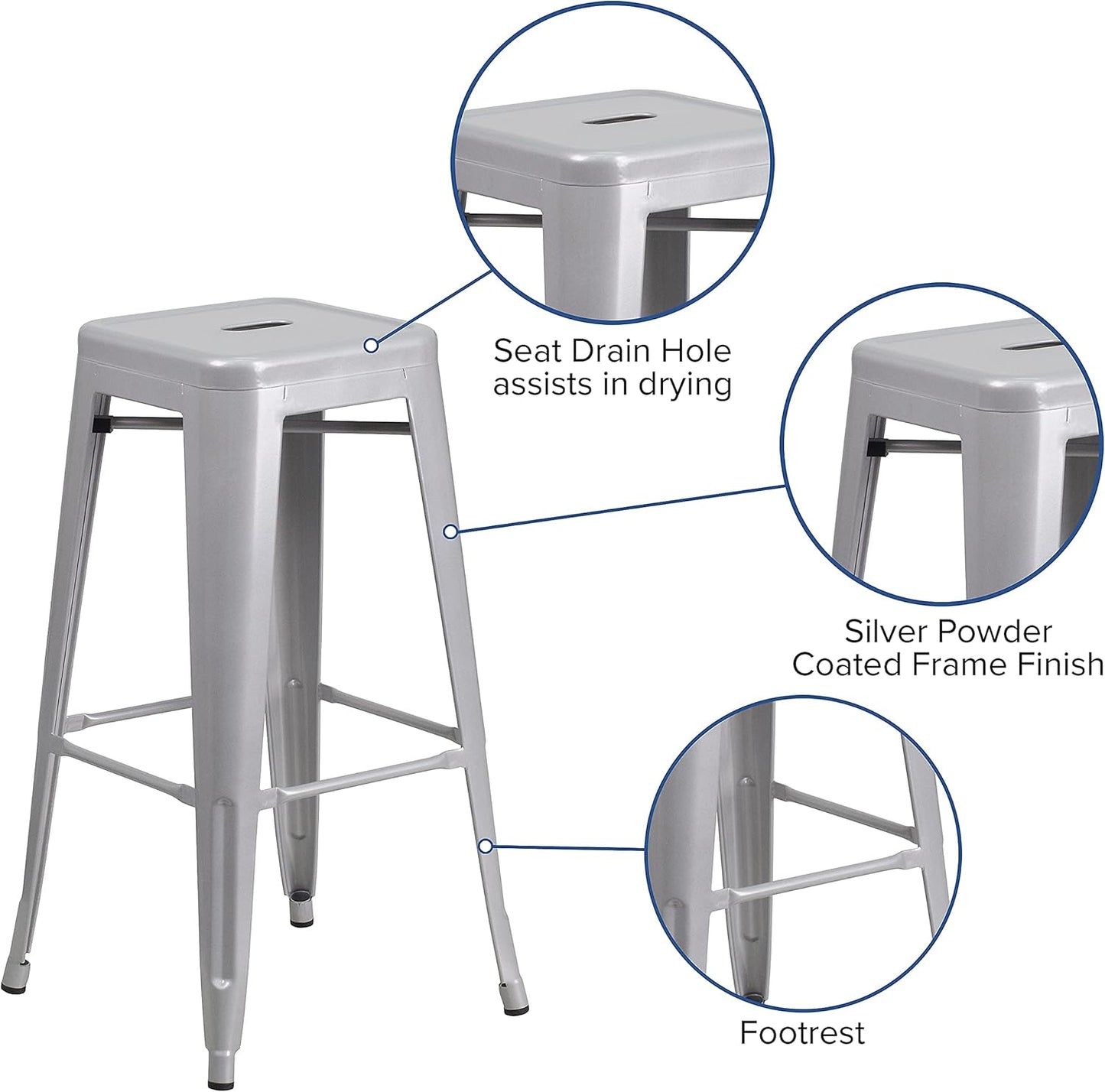 Flash Furniture Lily 4 Pack Commercial Grade 30" High Backless Silver Metal Indoor-Outdoor Barstool with Square Seat