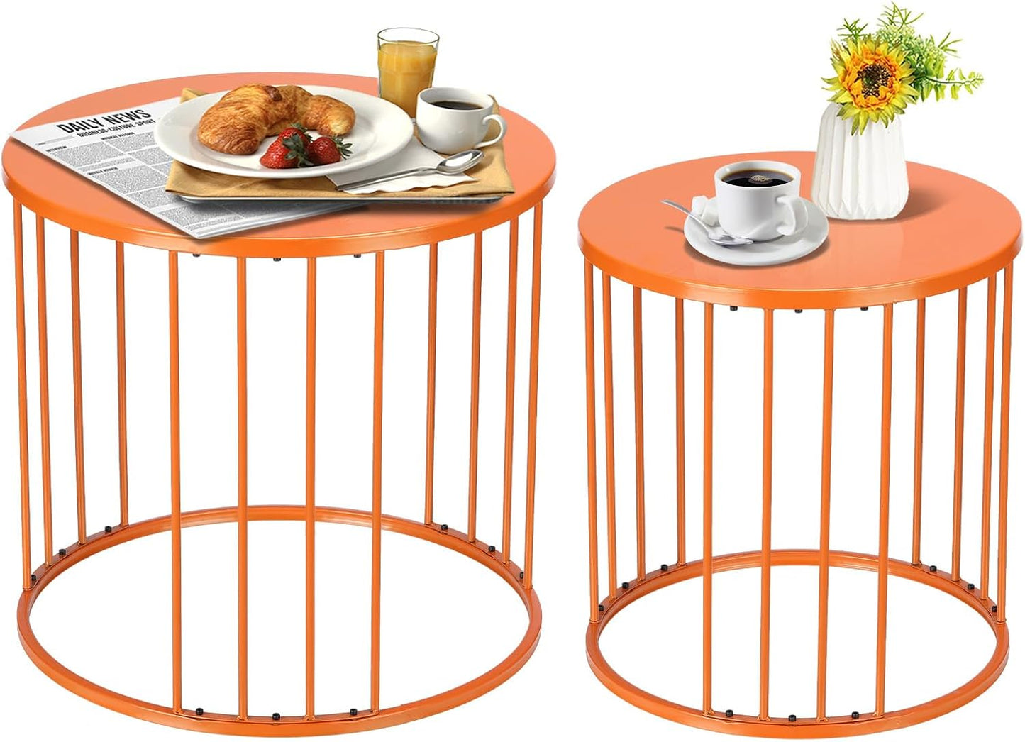 SUNNYPARK Outdoor Side Table Set of 2, Metal Circle Accent End Tables for Balcony Backyard Garden Indoor Living Room, Durable Black Nesting Coffee Tables, 20”+16” Dia