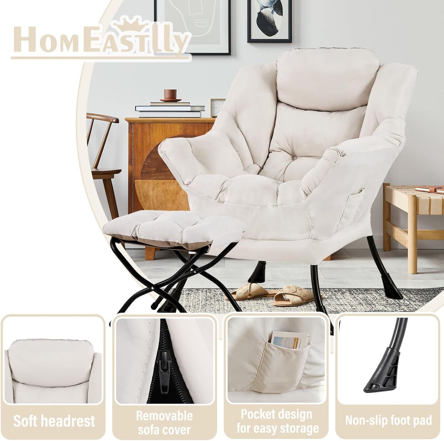 Lazy Chair with Ottoman, Large Modern Lounge Accent Chair with Armrests and Footrest, Reading Armchair with Ottoman, Leisure Sofa Chair for Living Room, Bedroom, Dorm Room, Office（Beige）