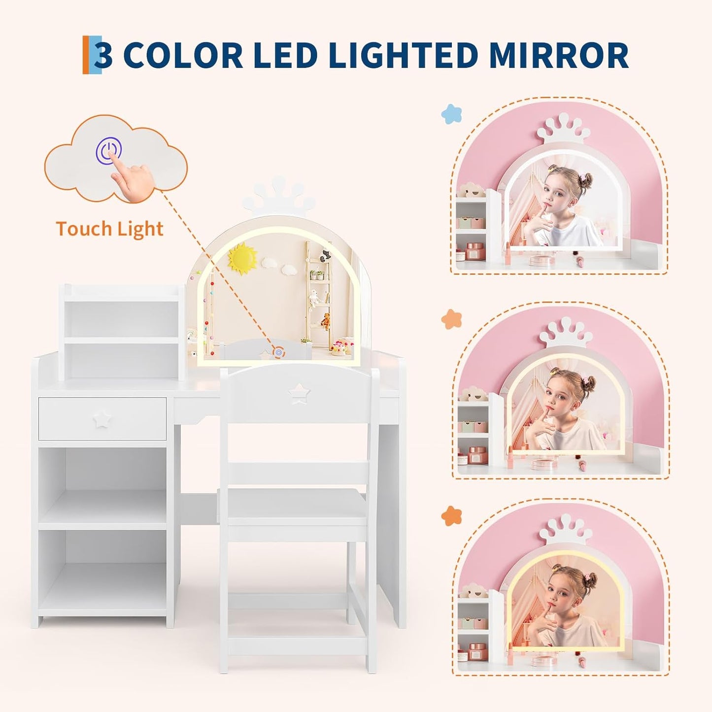 IDEALHOUSE Kids Vanity Table and Chair Set with Mirror and Lights, White Makeup Vanity Desk with Drawer and Open Storage Shelves, Wooden Dressing Table for Little Girls Bedroom