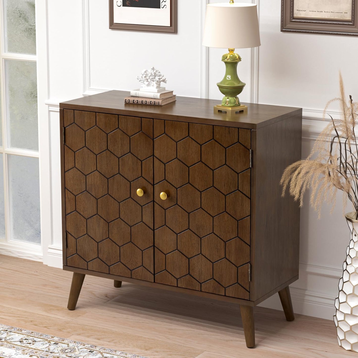 COSIEST 32" Storage Sideboard with Doors, Adjustable Shelf, Decorative Modern Accent Furniture for Living Room, Entryway, Kitchen (Brown, Honeycomb Pattern)