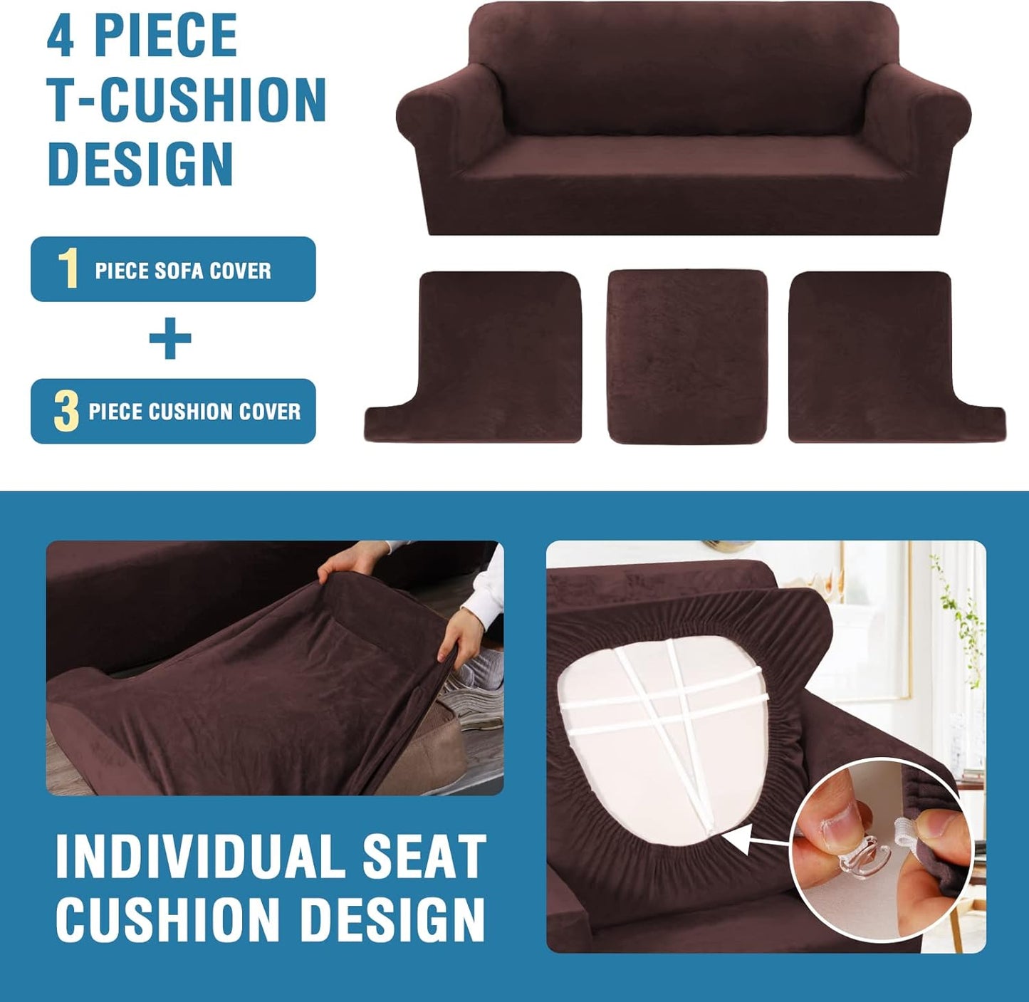 H.VERSAILTEX Sofa Cover 4 Piece T Cushion Sofa Slipcovers Thick Velvet Couch Cover Furniture Protector Stretch T Cushion Sofa Covers for 3 Cushion Couch with 3 Individual T Cushion Covers, Brown