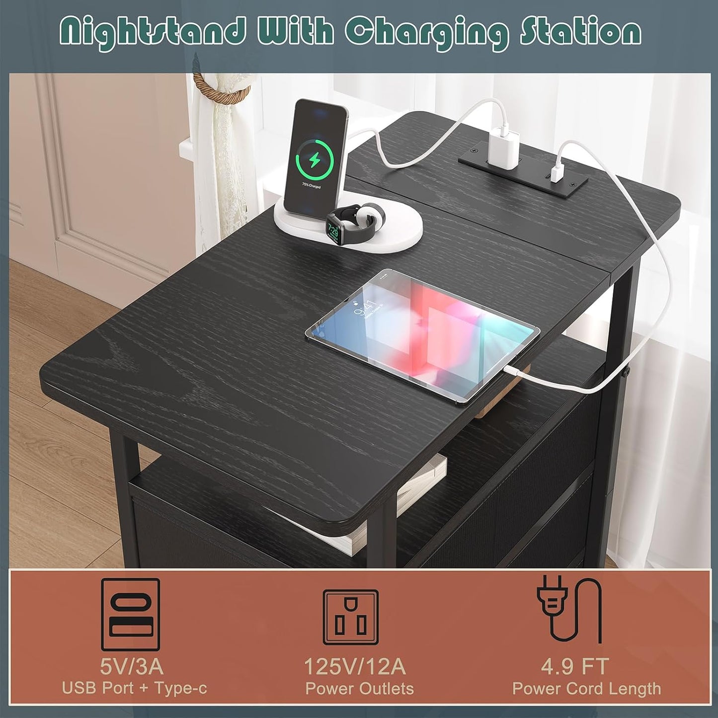 End Table with Charging Station, Side Tables Livingroom with USB Ports and Outlets,Narrow Nightstands Bedside Tables with 3 Drawers PU Finish for Small Space,Slim Sofa Table Bedroom,Black