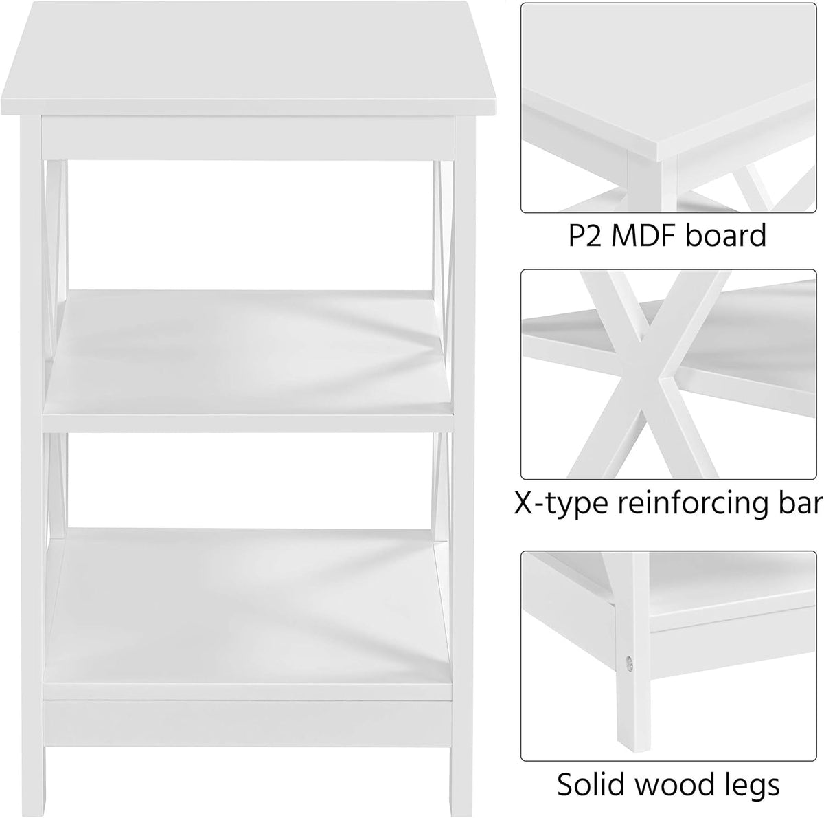 Yaheetech 3 Tier Sofa Side End Table with Shelf, X Shaped Sturdy Large Chair Side Snack Table for Living Room, Display Unit Organizer, White, 15.7 x 15.7 x 24’’ (L x W x H)