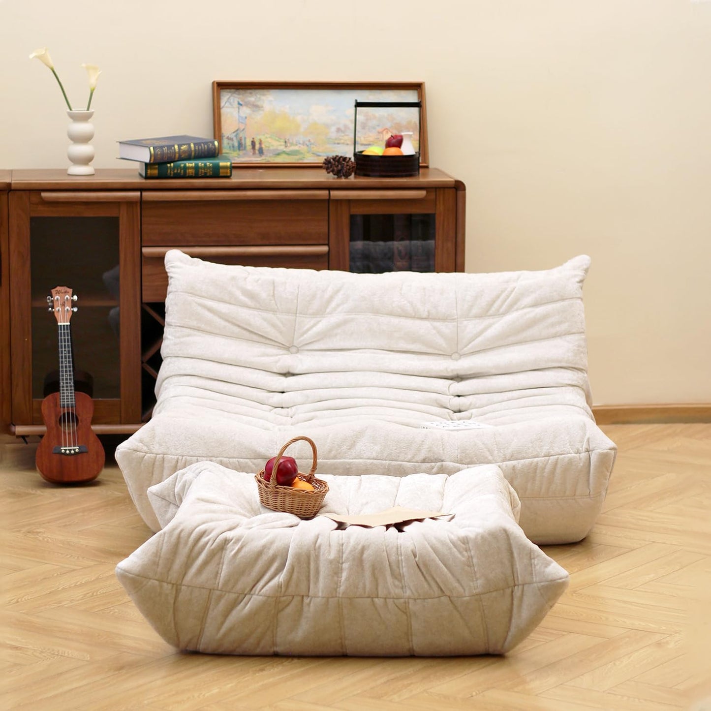 N&V Fireside Chair, Mid Century Armless Floor Sofa, Soft Premium Chenille Floor Lounge Chair, Foam Sofa Accent Chair for Living Room Bedroom and Office (White, Loveseat)