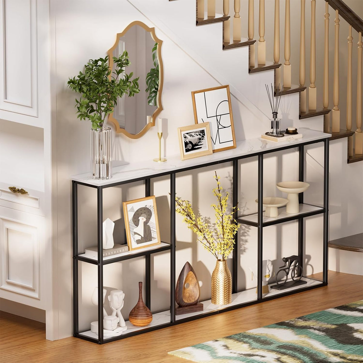 WOHOMO Console Table,Small Modern Entryway Table for Entry,3-Tier Long Sofa Table Behind Couch for Living Room,Entrance,White Marble(63 inch)