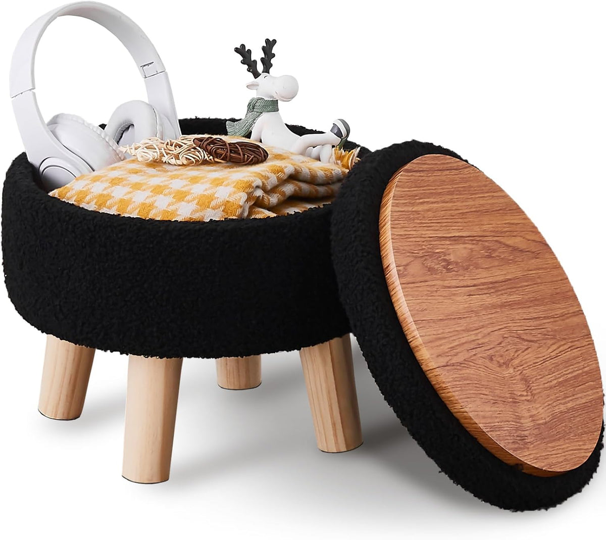 Wimarsbon Storage Ottoman, Modern Round Footrest with Soft Padded Seat, Teddy Velvet Footstool with Wood Legs, Accent Small Table or Plant Stand for Hallway, Living Room (Black)