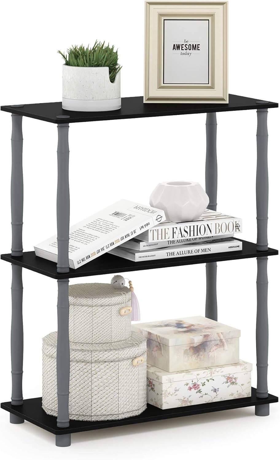 Furinno Turn-N-Tube 3-Tier Compact Multipurpose Shelf Display Rack with Classic Tube, Black/Grey