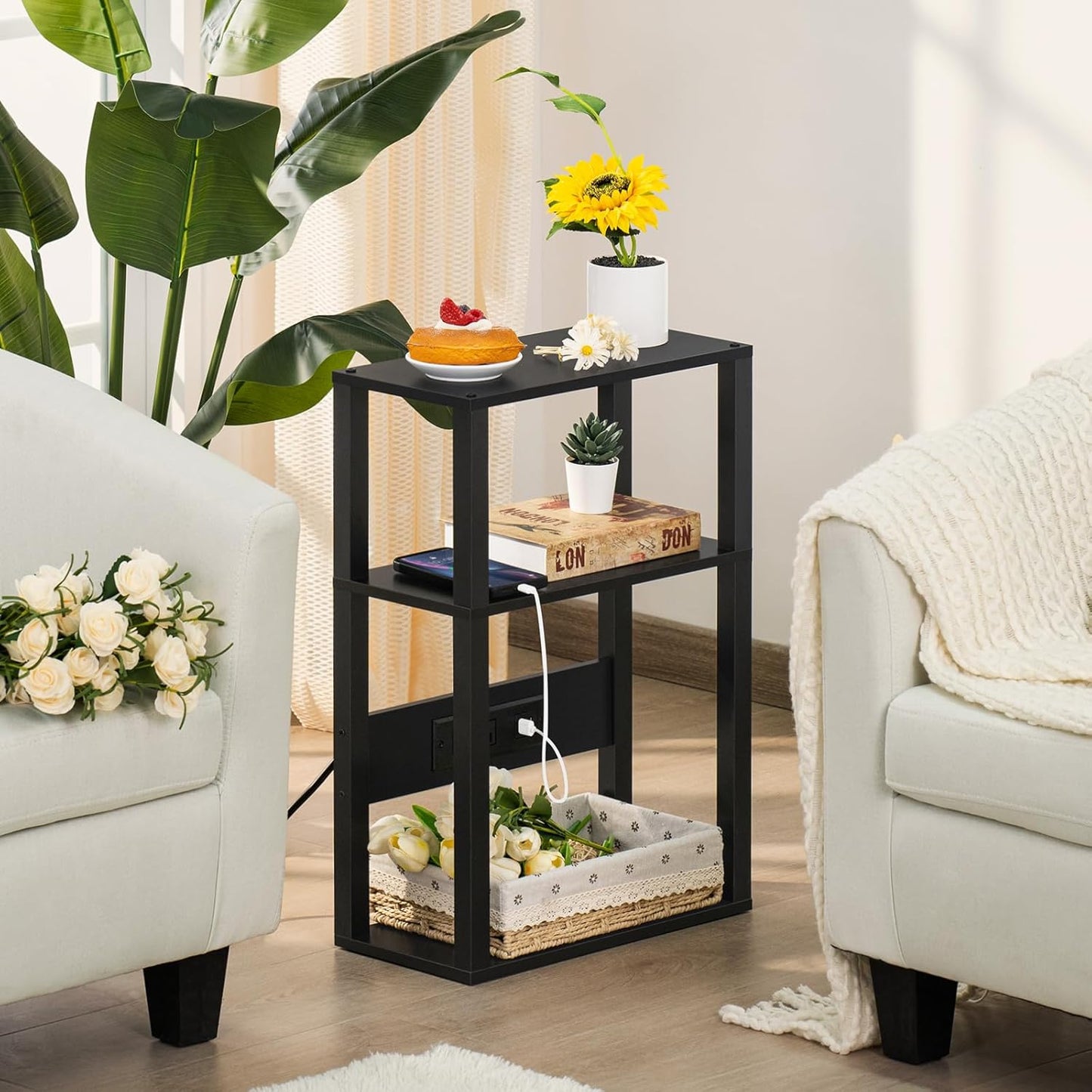 3-Tier Small Narrow Wood Side Table Set of 2 with Charging Station - Skinny Nightstand for Small Spaces, Slim Bedside Table with USB Ports and Outlets - Thin End Table with Storage, Black
