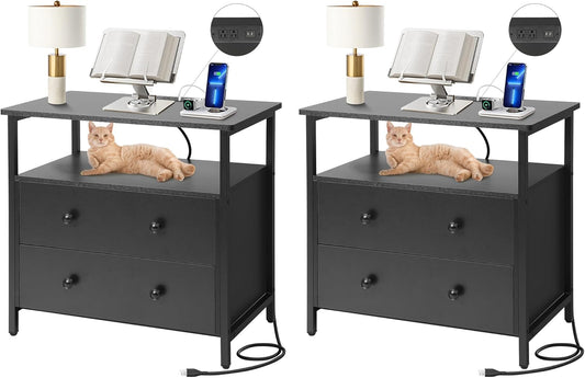 27 inch Wide Nightstand with Charging Station, Bedside Table with Open Shelf, 2 Drawers Small Wood Dresser, End Side Table for Bedroom (2 Pack,Black)