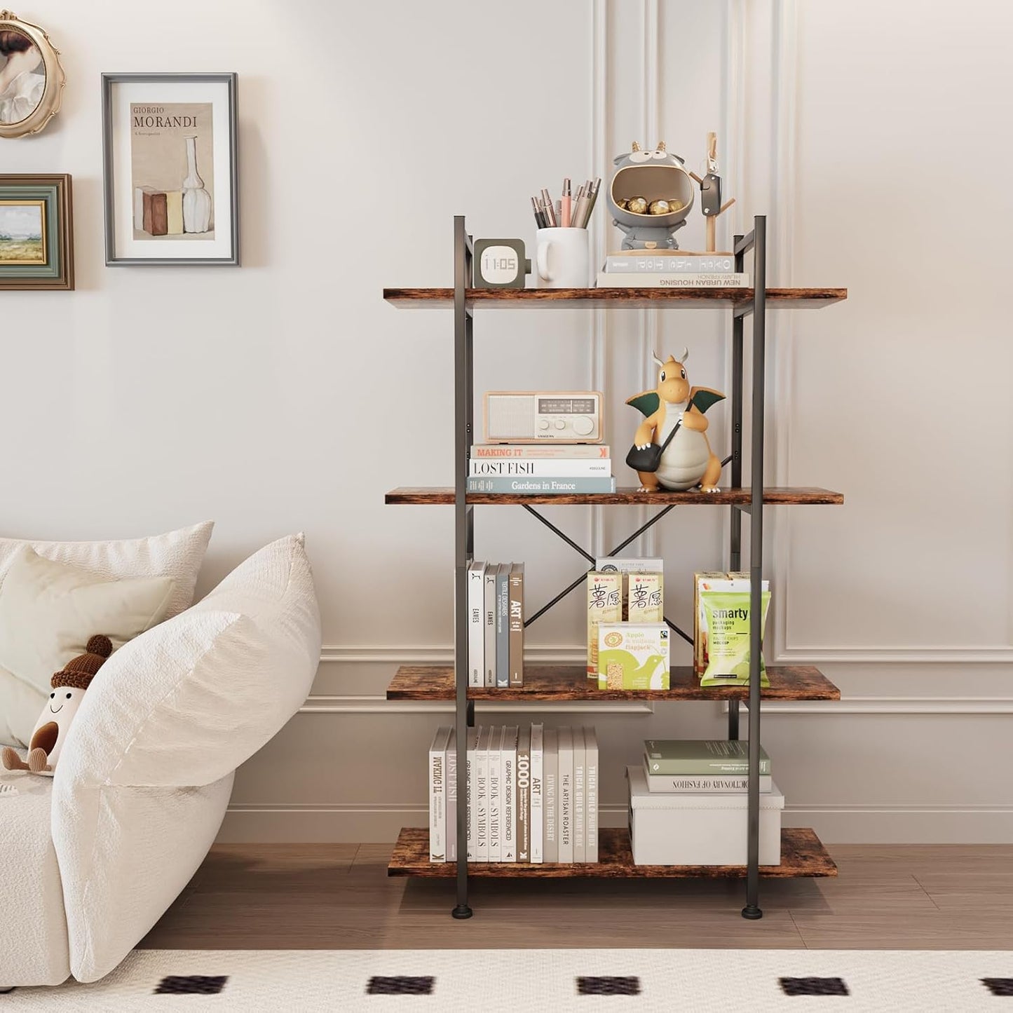 4 Tiers Bookshelf Rustic Brown Wooden Storage Shelf, Industrial Shelf Book Organizer,Modern Open Display Storage Bookcase,Metal Bookshelf Standing Tall Shelving Units for Home Office Study.