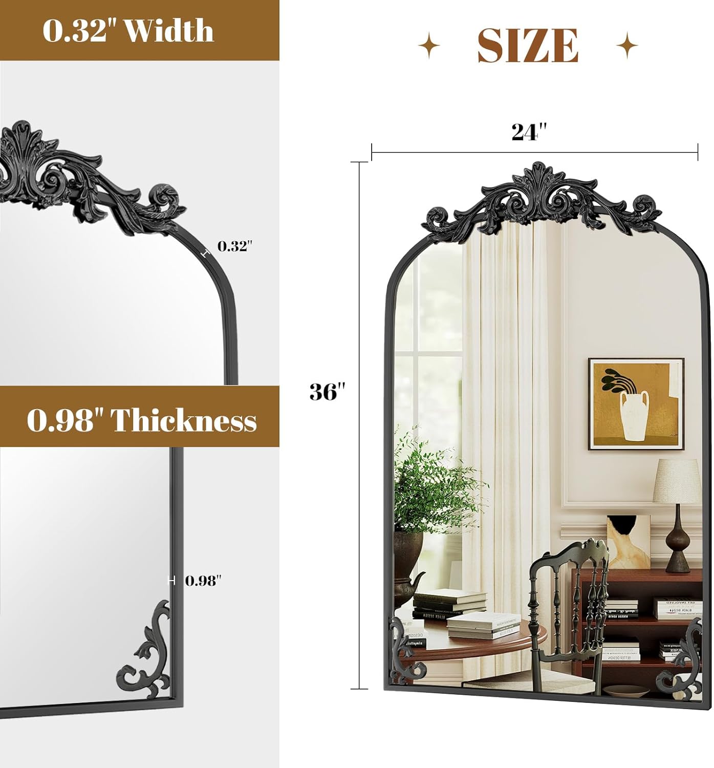 24x36 inch Vintage Arched Bathroom Mirror - Gorgeous Wall Vanity Mirror with Beautiful Retro Top and Bottom Engraving Process Frame for Entryway Hallway Living Room, Black