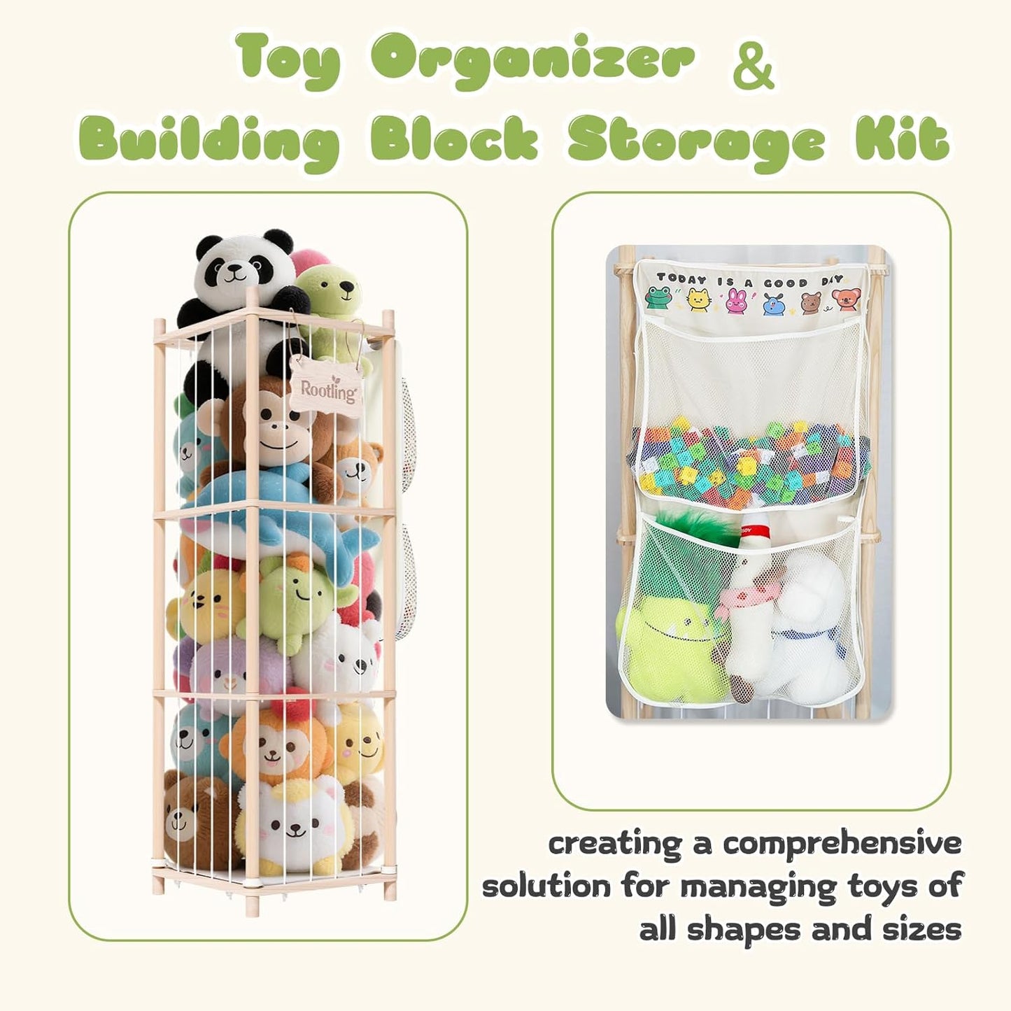 Stuffed Animal Storage & Organizer, 54 inch Tall Wooden Cute Zoo Toy Holder w/Building Block Storage Bag, Premium Wooden Material with Elastic Cord For Toddler Rooms, Playrooms & Bedrooms