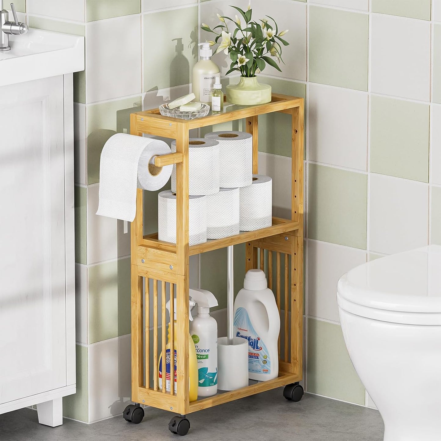 AmazerBath Slim Toilet Paper Holder with Storage Shelf Bamboo - Small Bathroom Storage Cabinet Next to Toilet, Skinny Shelf for Small Spaces, 3 Tier Rolling Stand for Bathroom Kitchen, Natural Color