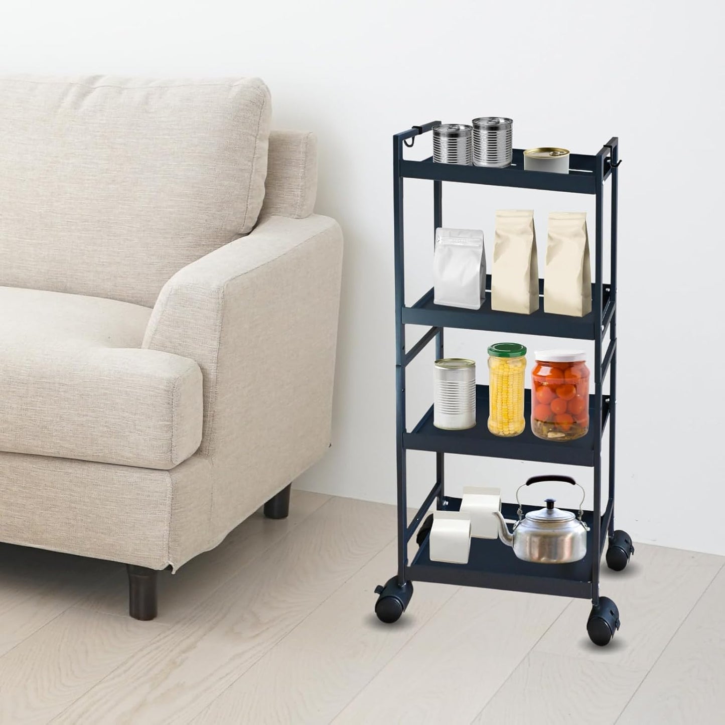 Beyeutao 4 Tier Slim Storage Cart with Wheels Black Rolling Utility Cart Bathroom Storage Organizer Narrow Storage Cabinet for Kitchen, Bedroom, Laundry Room, Bathroom