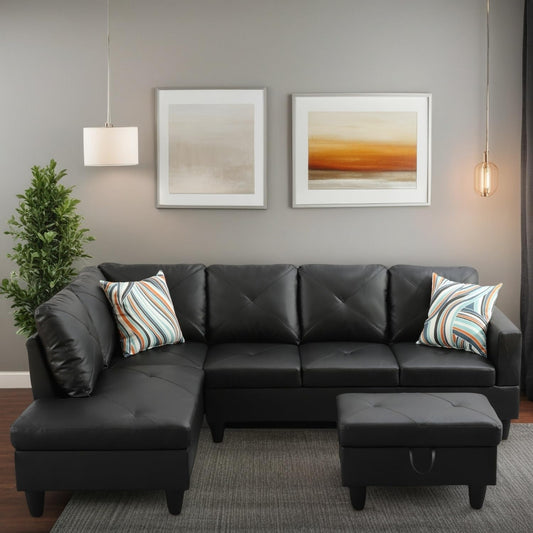 L Shaped Sectional Couches for Living Room, Modular 4 Seat Sofa with Ottoman Storage, Modern Couch with Chaise for Bedroom Apartment Furniture, Black