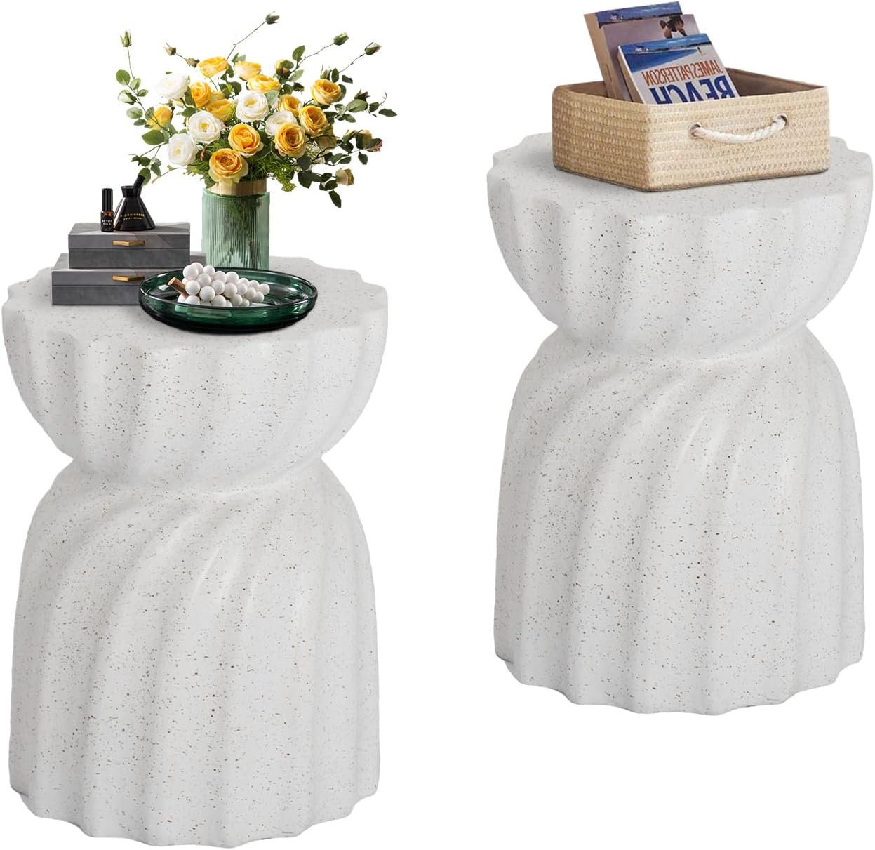 COSIEST Set of 2 Outdoor Side Table, 19" Concrete Contemporary Lightweight Side Table,Patio End Accent Table, Modern Stool Table for Livingroom,Garden,Patio,Spotted White