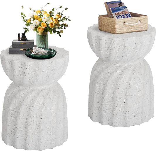 COSIEST Set of 2 Outdoor Side Table, 19" Concrete Contemporary Lightweight Side Table,Patio End Accent Table, Modern Stool Table for Livingroom,Garden,Patio,Spotted White