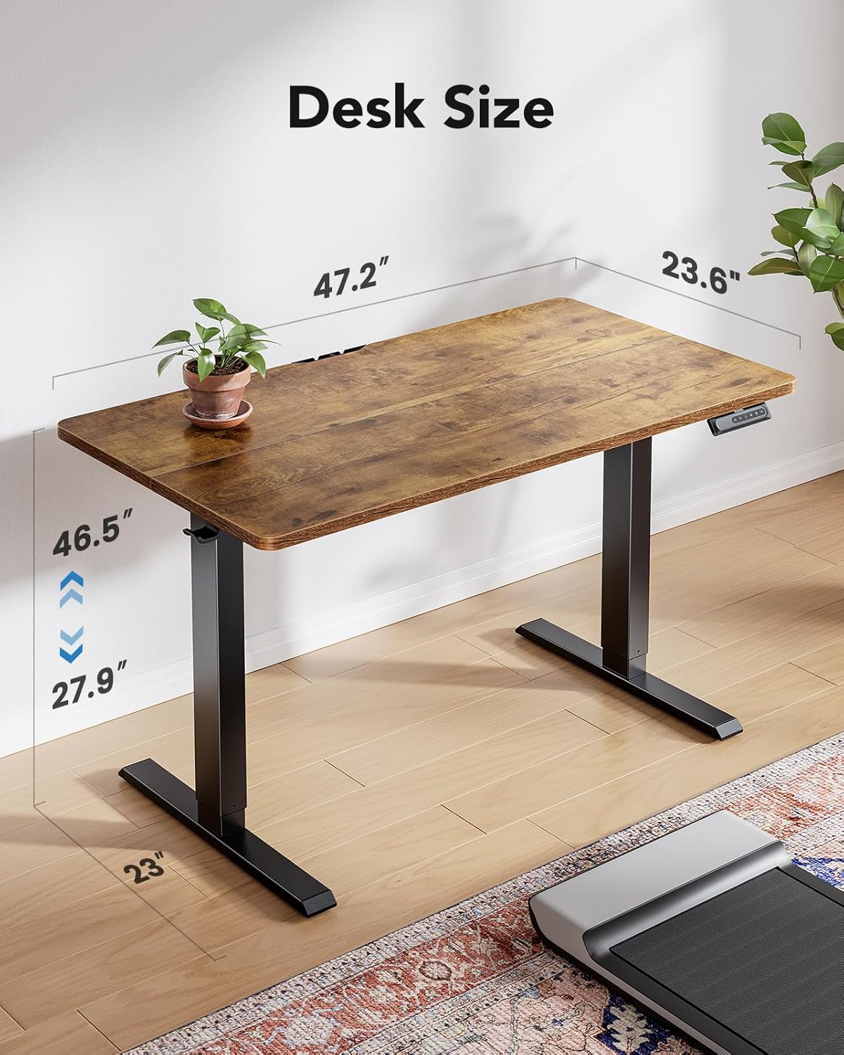 HUANUO 48" x 24" Electric Standing Desk Adjustable Height, 4 Memory Height Settings, Headphone Hook, Cable Manager, Sit Stand Up Desk for Home Office & Computer Workstation, Vintage Brown