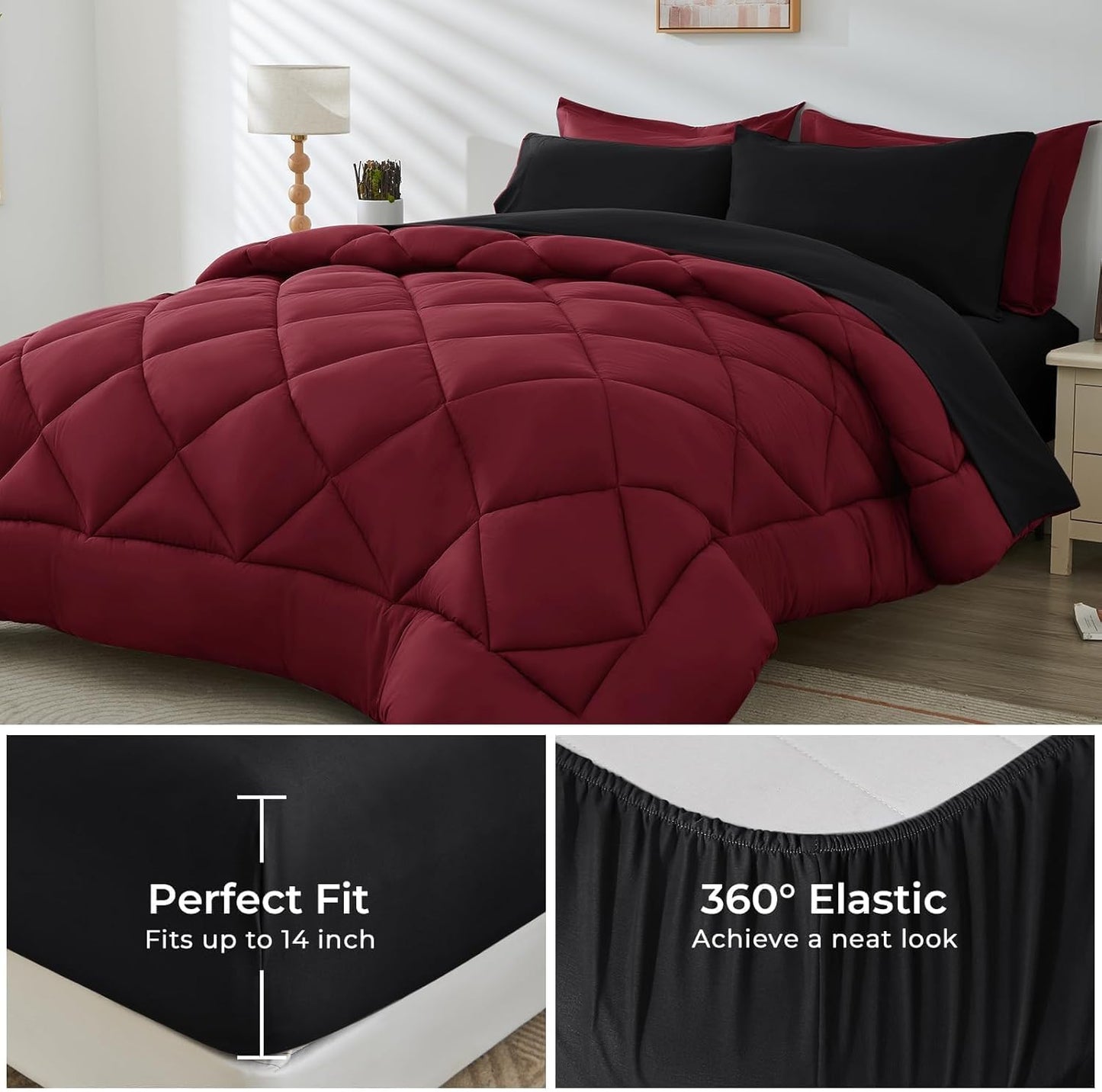HEVUMYI Red & Black Twin-XL Comforter Set - 5-Piece All Season Bed in a Bag Twin-XL, Ultra Soft Bedding Set with Burgundy Comforter, Flat Sheet, Fitted Sheet, Pillowcases, Pillow Shams