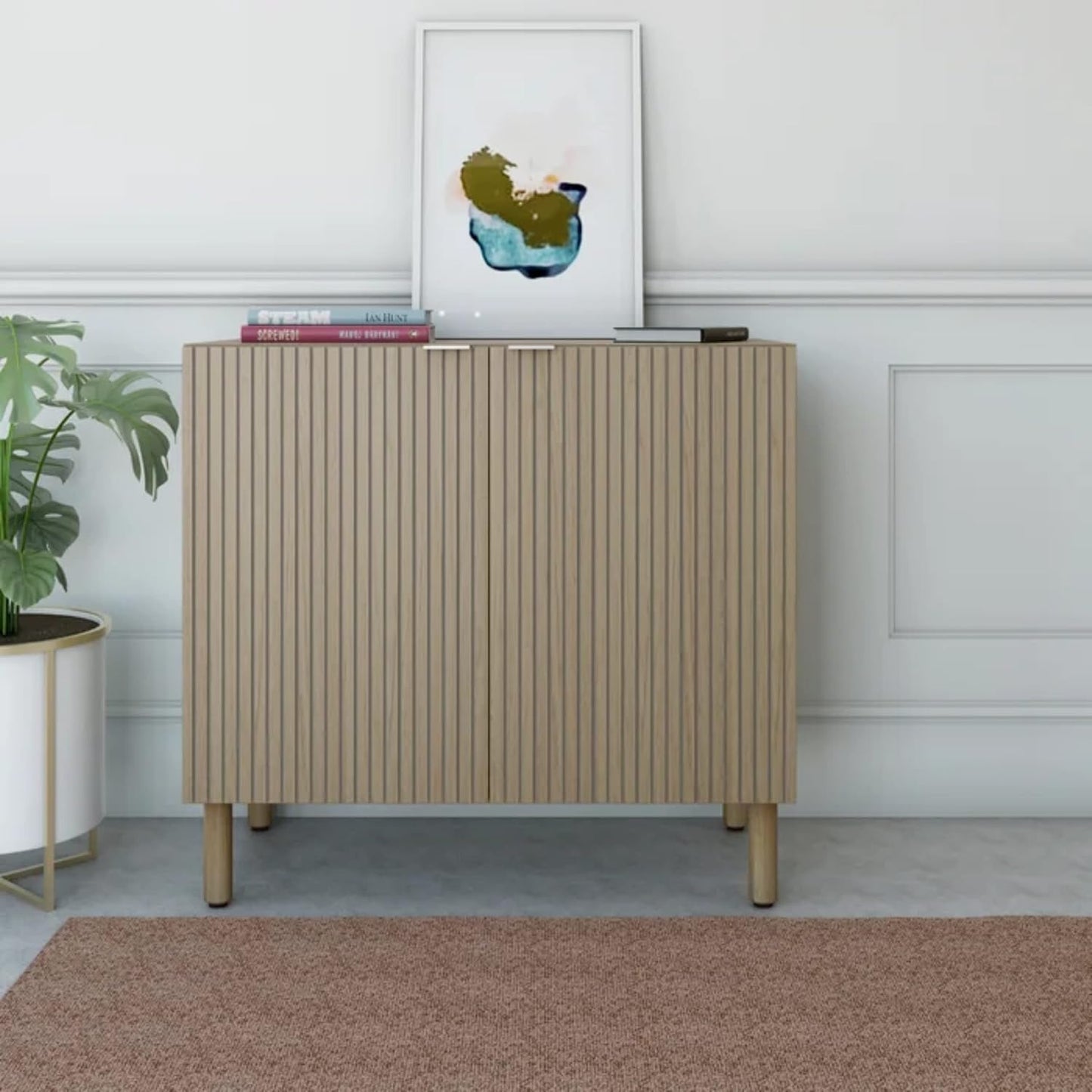 Sango Merk 2-Door Cabinet, Modern Brown Storage Cabinet with Vertical Groove Doors, Adjustable Shelf, Cylindrical Wood Legs, Discreet Metal Finger Pulls, Stylish Furniture for Living or Dining Room