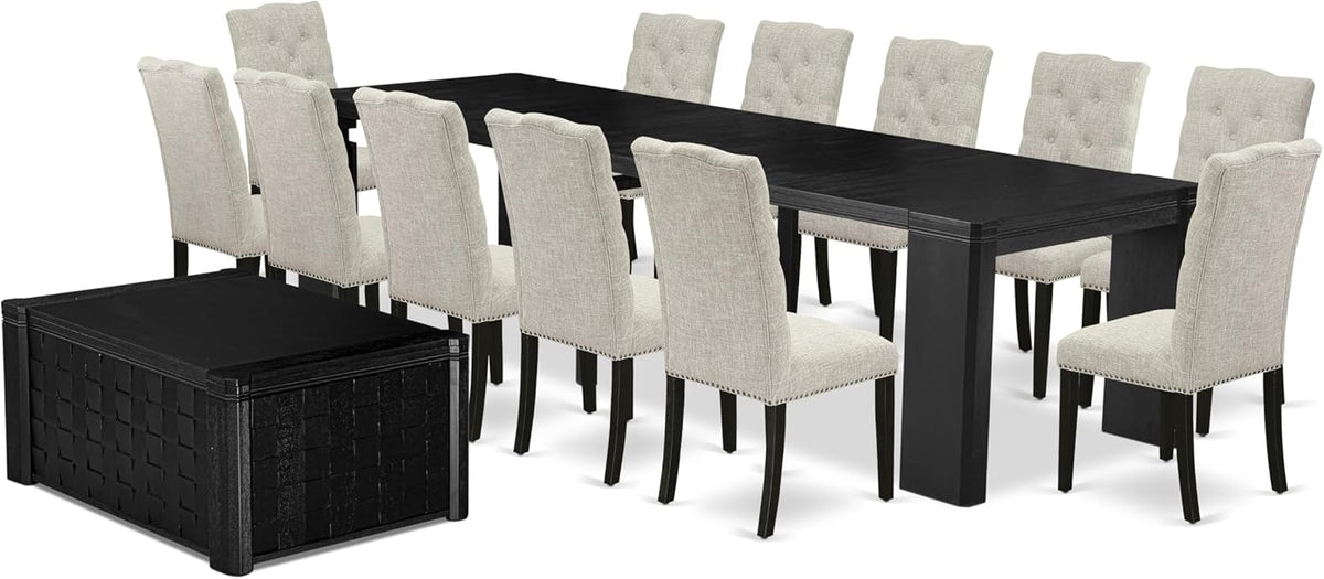 X12EL-0C6-35 - 14-piece Dining Room Table Set a Rectangular Dining Table with a coffee Table and 12 Doeskin Linen Fabric Kitchen Chair, 39x120 Inch, Wire Brushed Black