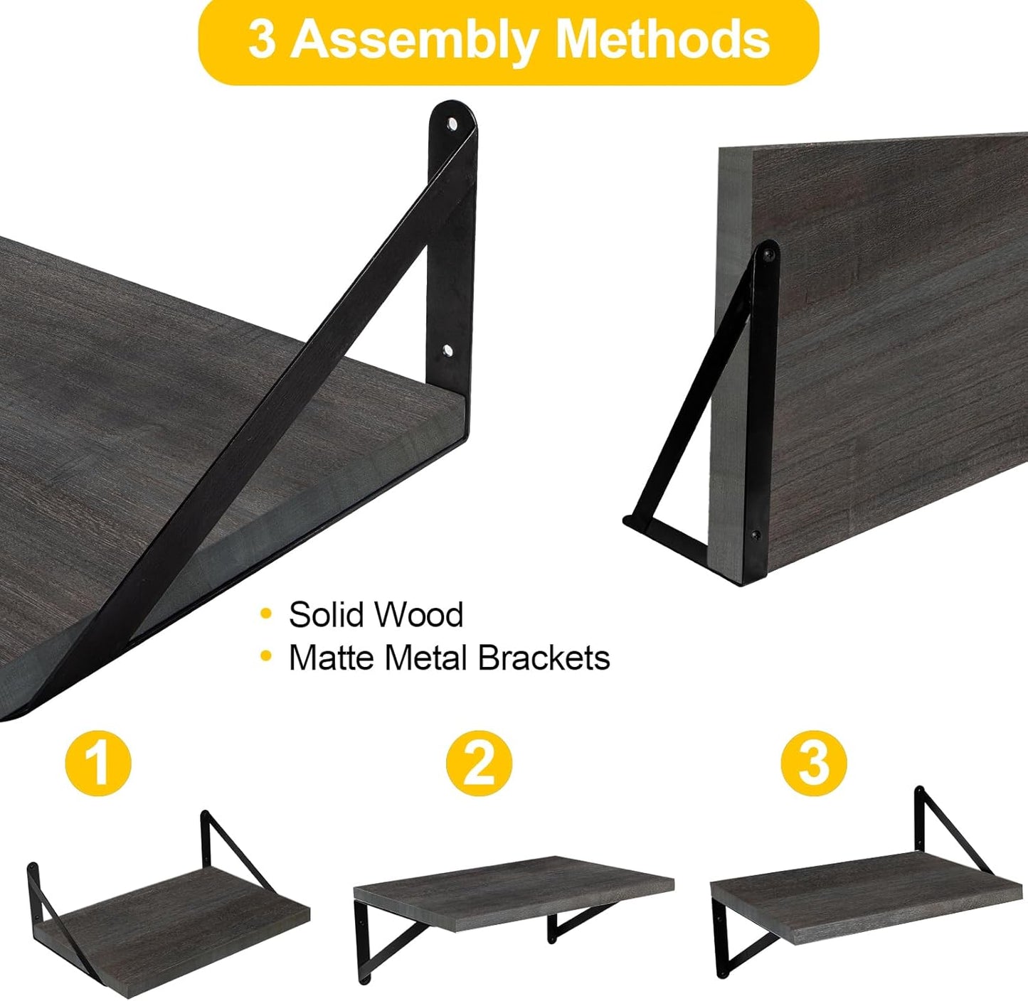 SAUMONIERES Floating Shelves Wall Bookshelf for Bedroom Bathroom Living Room Wood Wall Mounted Wide Deep Storage, Rustic Grey Wall Shelves Set of 2