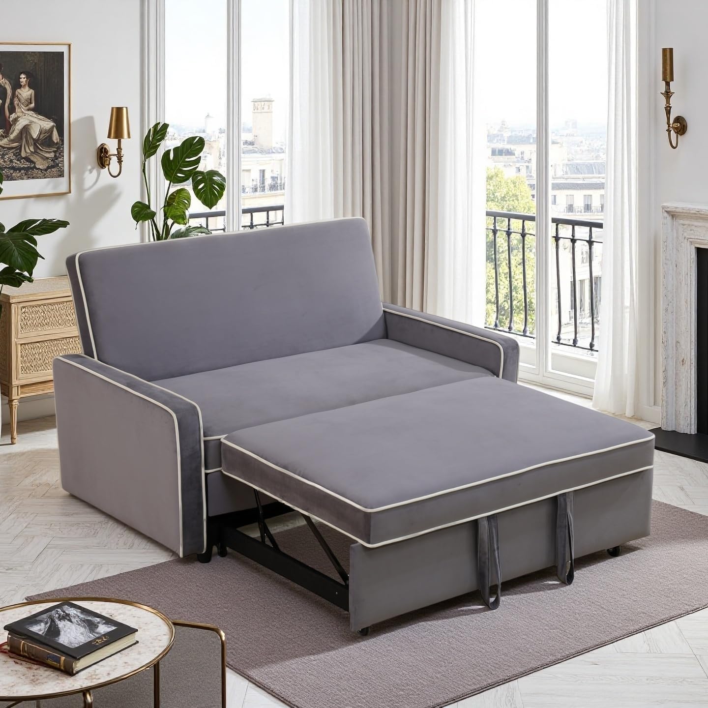 53 Inch Convertible Pull Out Sofa Bed, Sleeper Couch with Fluffy Fabric, Loveseat with Adjustable Backrest for Living Room, Bedroom, Apartment, Light Grey