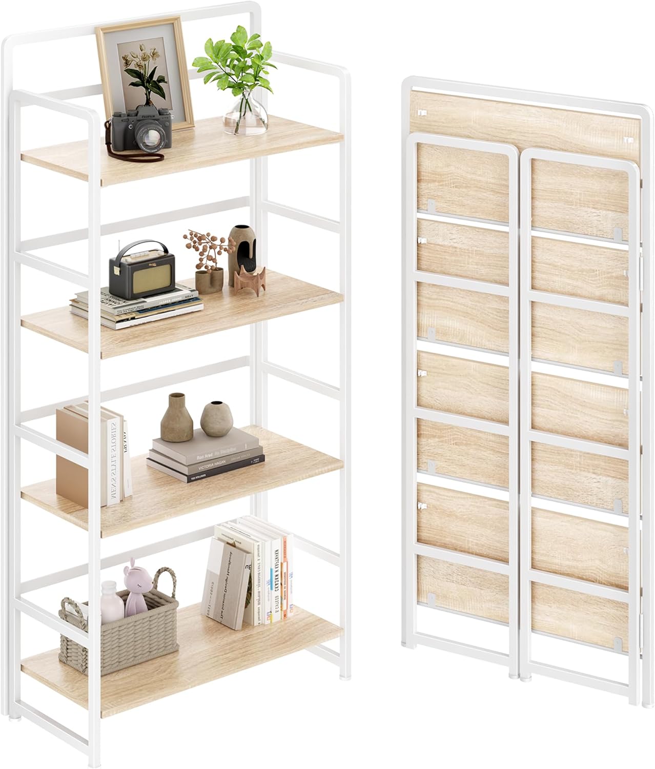 No Assembly Folding Bookshelf, 4 Tiers Collapsible Book Shelf for Home Office, Vintage Wood Foldable Bookcase Storage Organizer for Living Room Bedroom (Beige)
