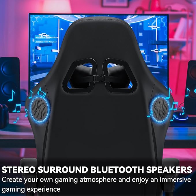 HOFFREE Gaming Chair with Speakers Massage Computer Gaming Chairs for Adults Reclining Bluetooth Game Chairs with Pocket Spring Cushion Video Game Chair with Footrest Computer Office Desk Chair Black