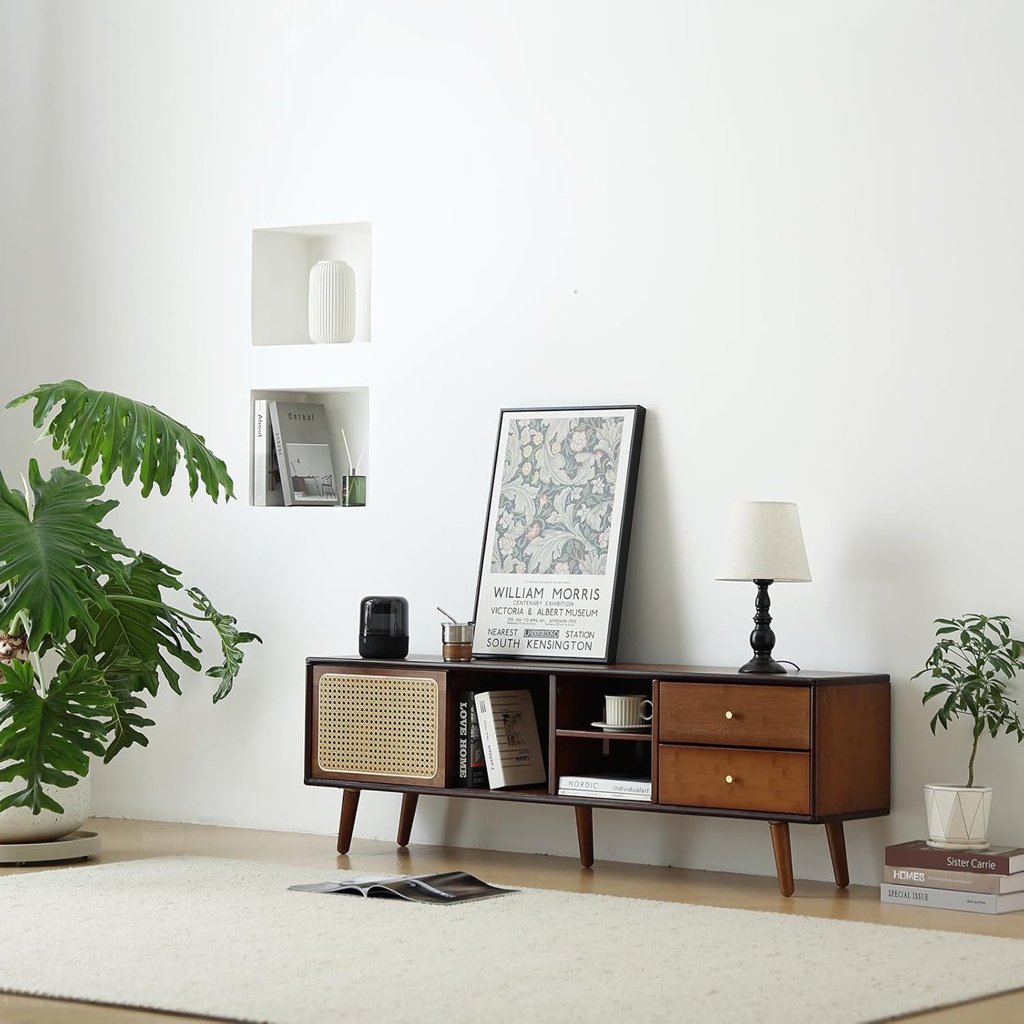 Tiita Rattan TV Stand for 55 65 Inch TV, Bamboo TV Cabinet with 2 Drawers, Boho Entertainment Center with Adjustable Shelf, Mid Century Modern Media Console for Bedroom, Living Room, Walnut