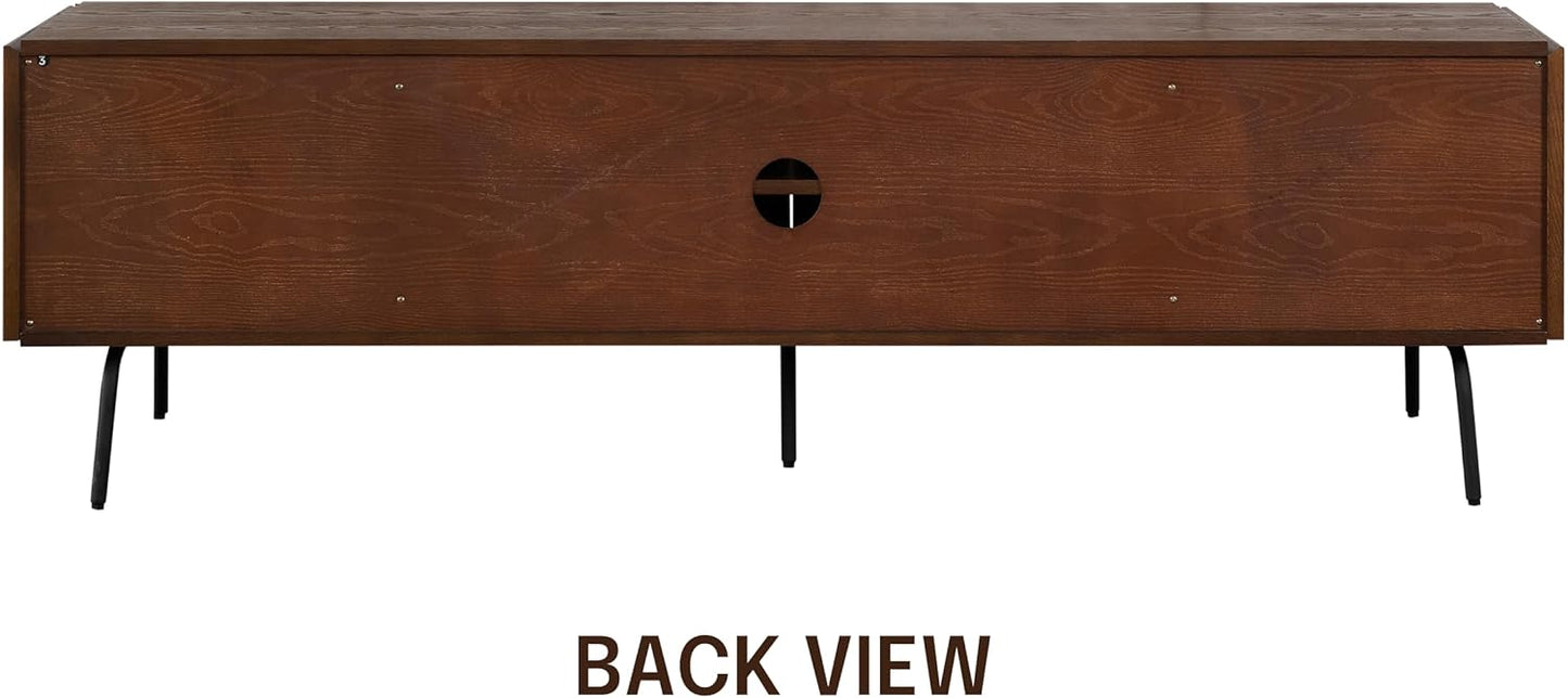 NTC Mossic TV Media Cabinet with 4 Doors for TVs, Entertainment Center with Natural Rattan, Metal Legs, Modern Storage Console for Living Room and Bedroom, Effortless Assembly, Dark Walnut