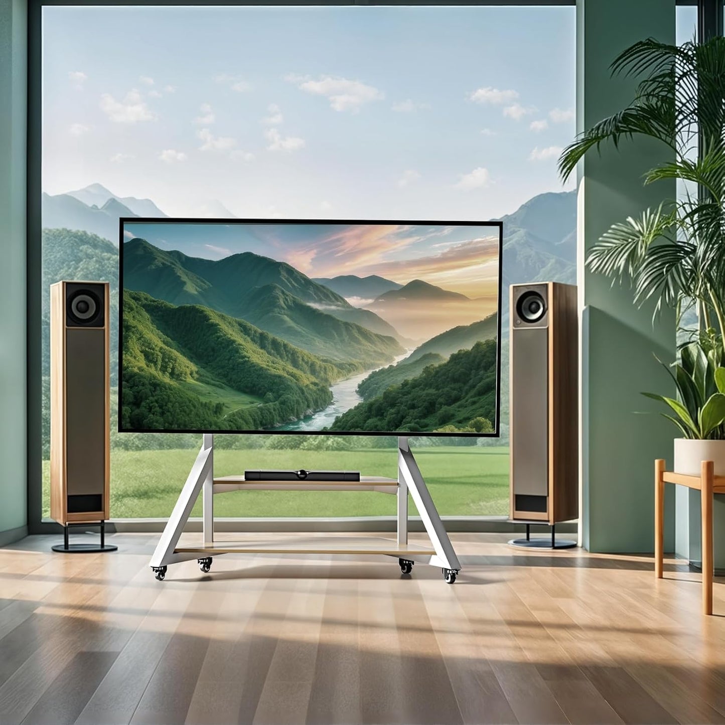 unho White TV Floor Stand with Wheels Shelves for 65 to 100 inch Large LCD/LED Flat Curved Screen up to 220lbs, Adjustable Heights TV Mount Stands VESA 800x600mm, Rolling TV Stand for Bedroom Office