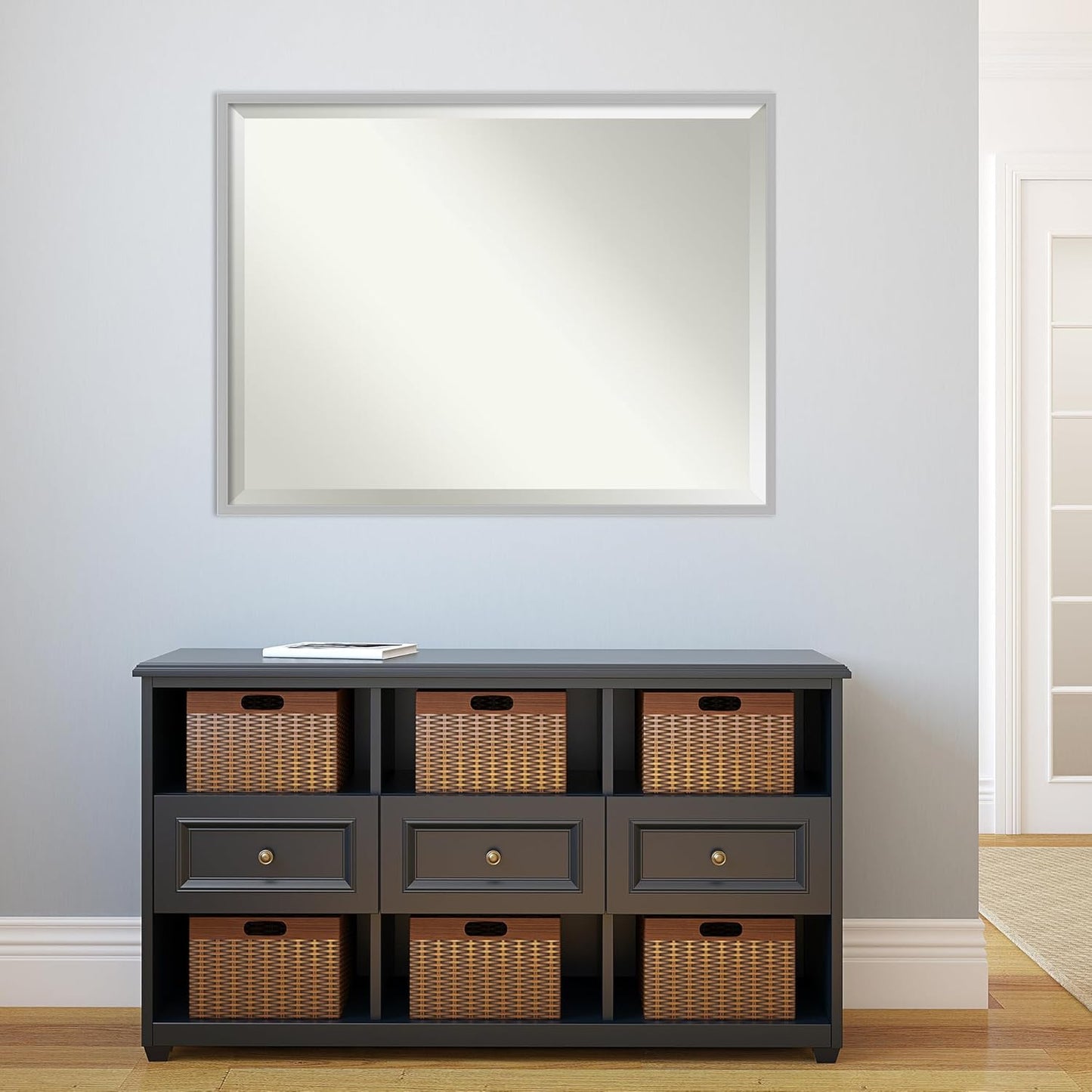 Amanti Art Silver Bathroom Mirror for Over Sink, 31x41 Hera Chrome Rectangle Vanity Mirror, X-Large Modern Frame, Hangs Horizonally and Vertically, Bathroom Wall Decor, Beveled Edge from WI, USA