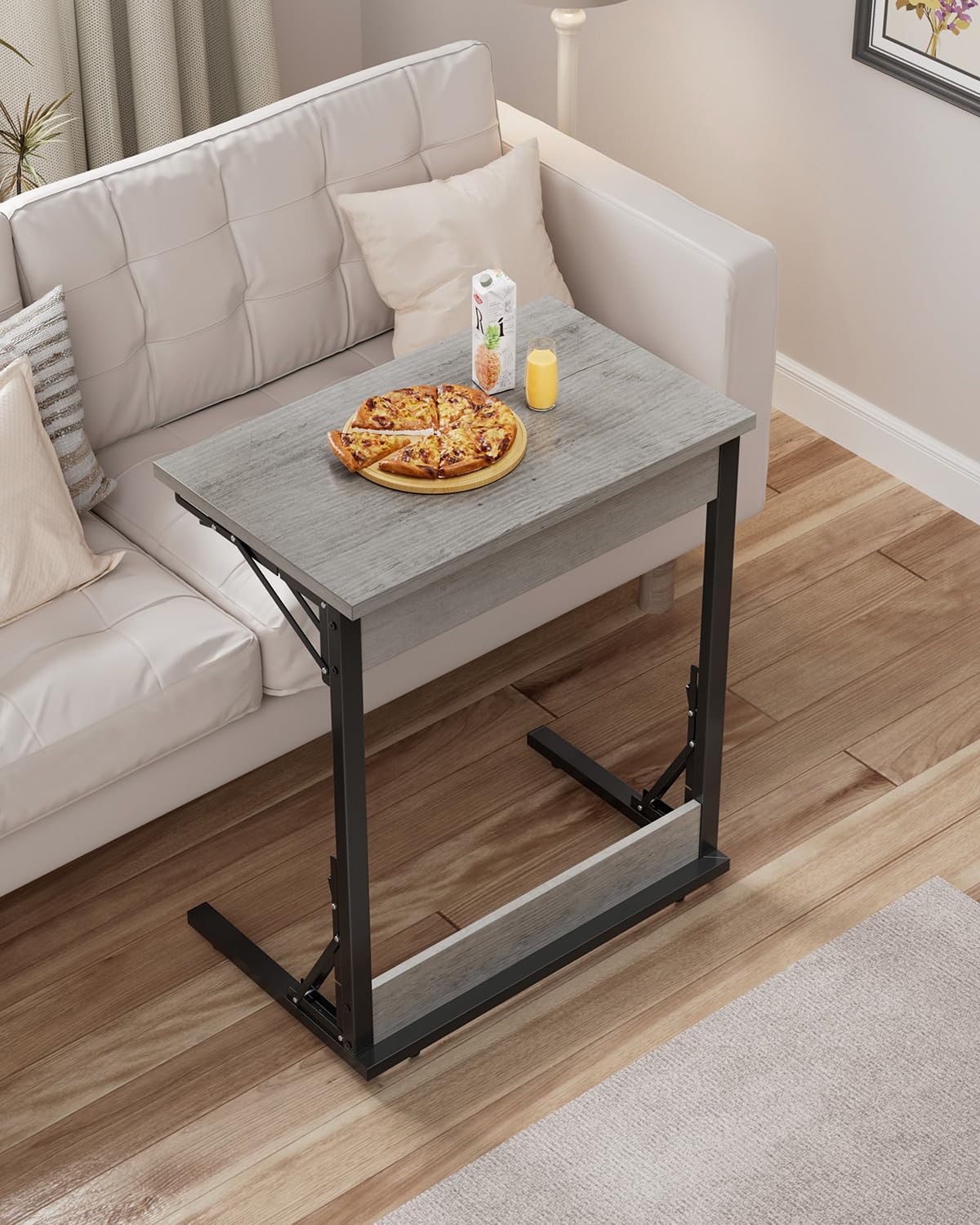 Tatub 24" Wide Folding C-Shaped End Table, Small Side Desk for Couch, Sofa TV Tray Table with Metal Frame for Living Room, Bedroom, Ivory White