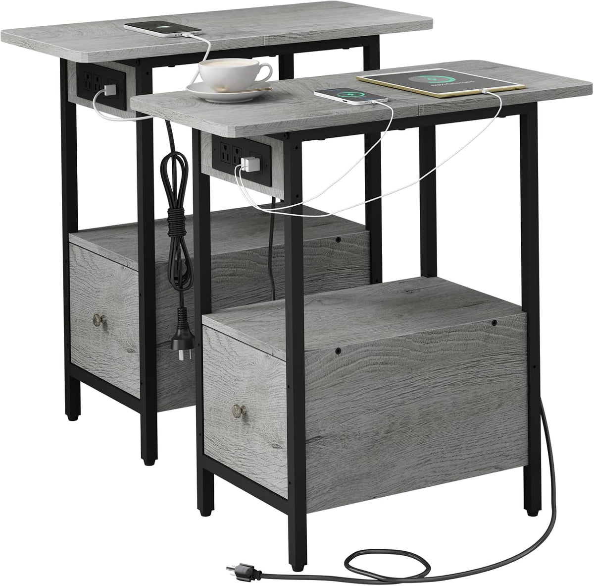 LIDYUK End Table with Charging Station, Narrow Side Table with Drawer and USB Ports & Power Outlets, Nightstand Bedside Tables for Small Spaces, Bedroom, Living Room, Light Grey, Set of 2