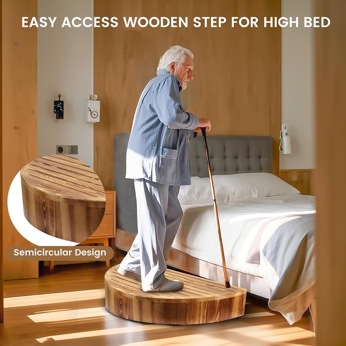 Solid Wooden One Step Stool, 5.2" High Semicircular Wood Bed Step for Elderly Adults Kids Safety to Get in & Out of High Bed, Kitchen, Bathroom(26.4" L, 550LBs Capacity)