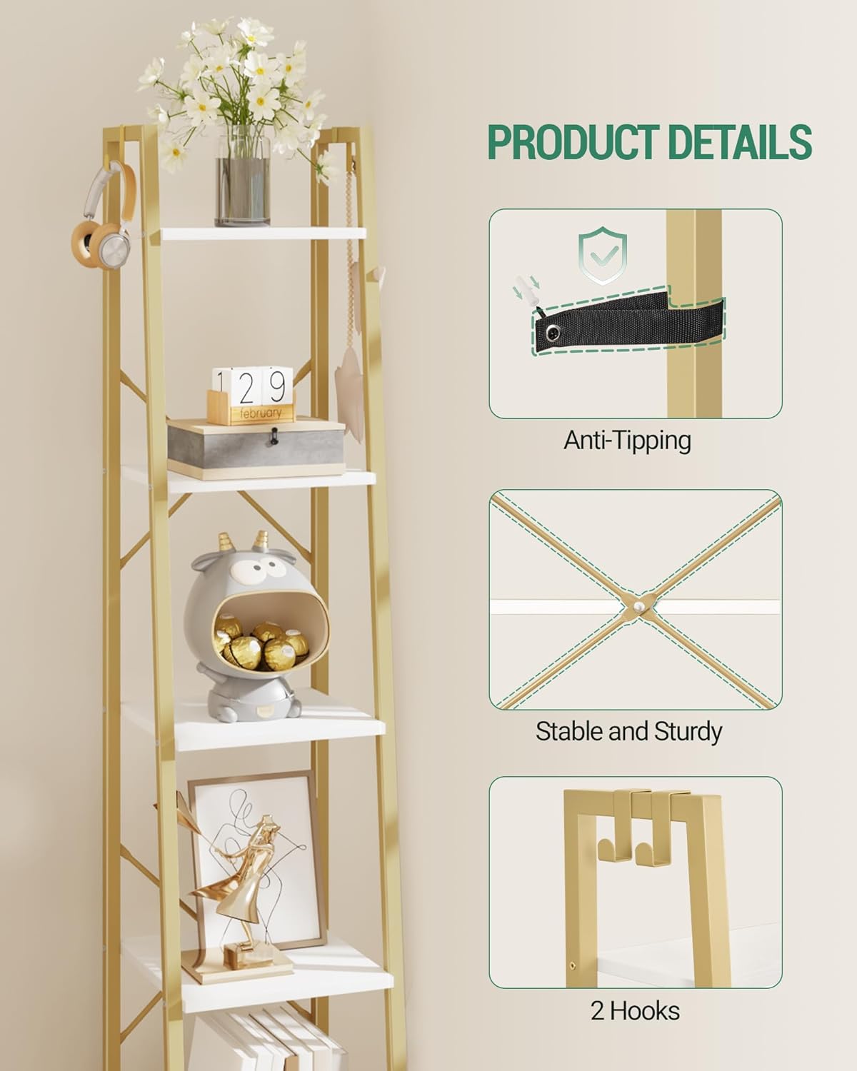 Ladder Shelf, Bookshelf Bookcase, Freestanding Corner Storage Shelve with 2 Hooks for Home Office, Living Room, Kitchen, Bedroom, Industrial, 5-Tier White Gold BC03213G