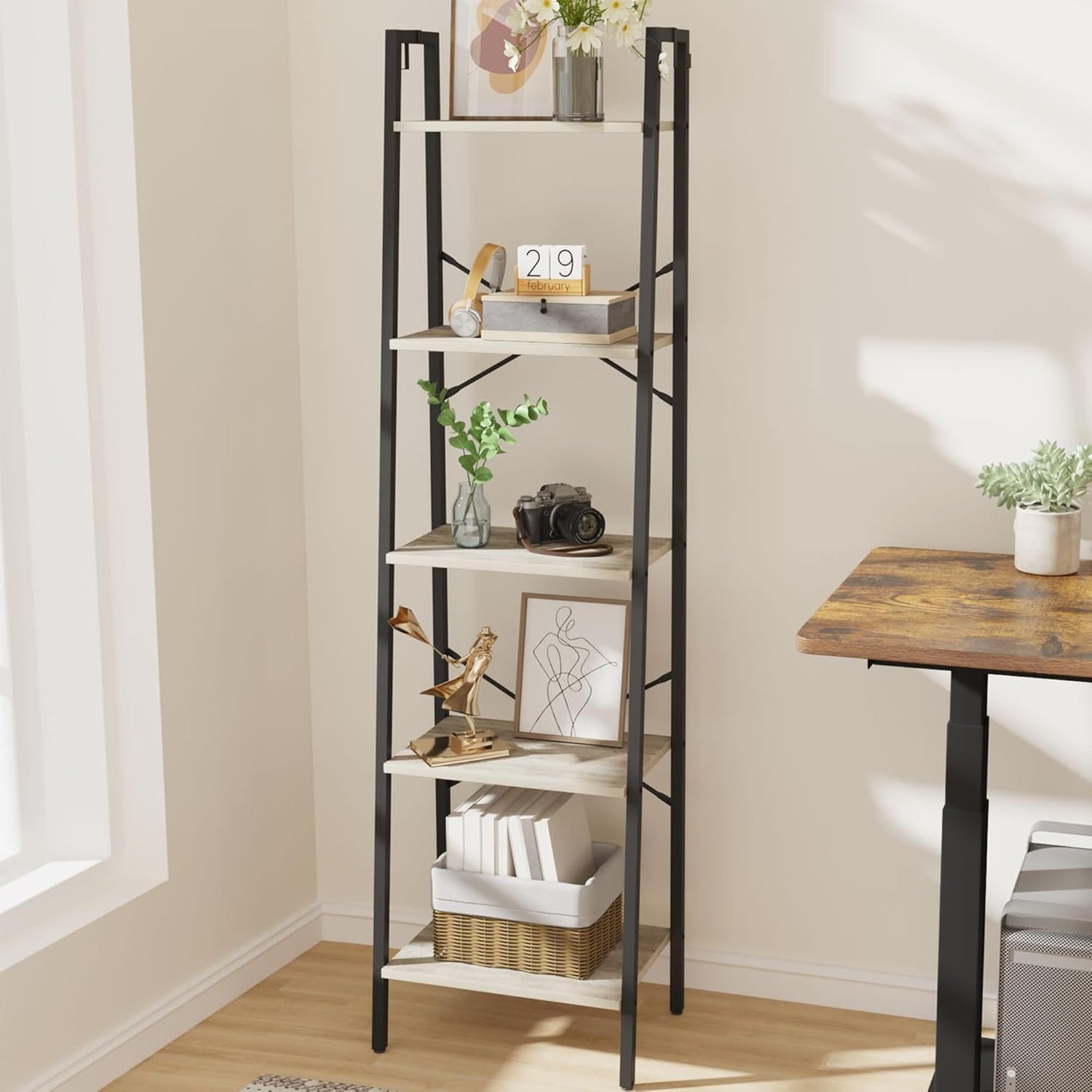 Ladder Shelf, Bookshelf Bookcase, Freestanding Corner Storage Shelve with 2 Hooks for Home Office, Living Room, Kitchen, Bedroom, Industrial, 5-Tier Greige BC19205B
