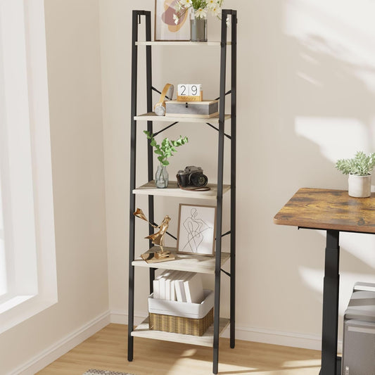 Ladder Shelf, Bookshelf Bookcase, Freestanding Corner Storage Shelve with 2 Hooks for Home Office, Living Room, Kitchen, Bedroom, Industrial, 5-Tier Greige BC19205B